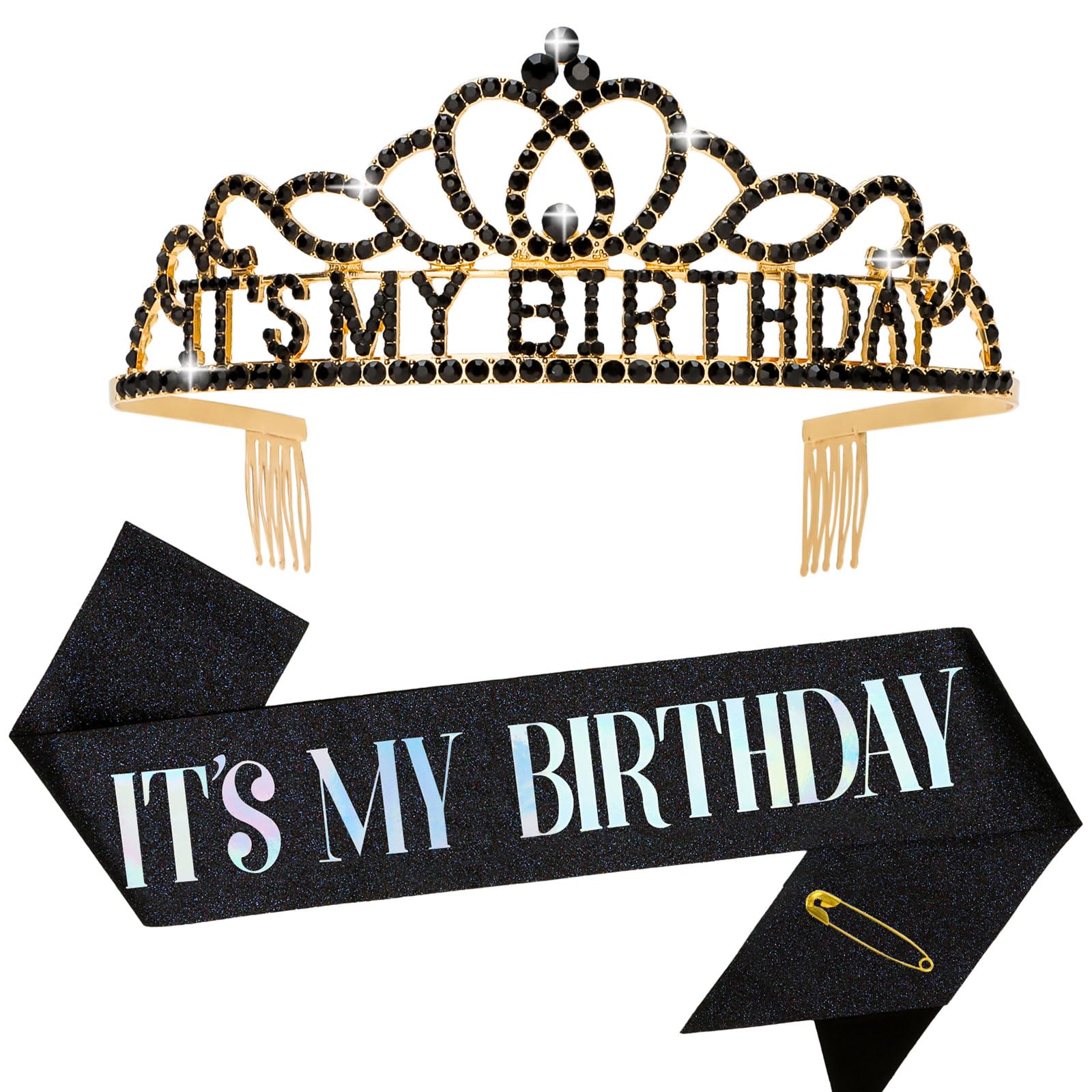 Princess Birthday Sash & Rhinestone Tiara Set for Women - Elegant Black Birthday Party Accessories & Decorations - Perfect for Birthday Celebrations, Bachelorette Parties & Special Occasions