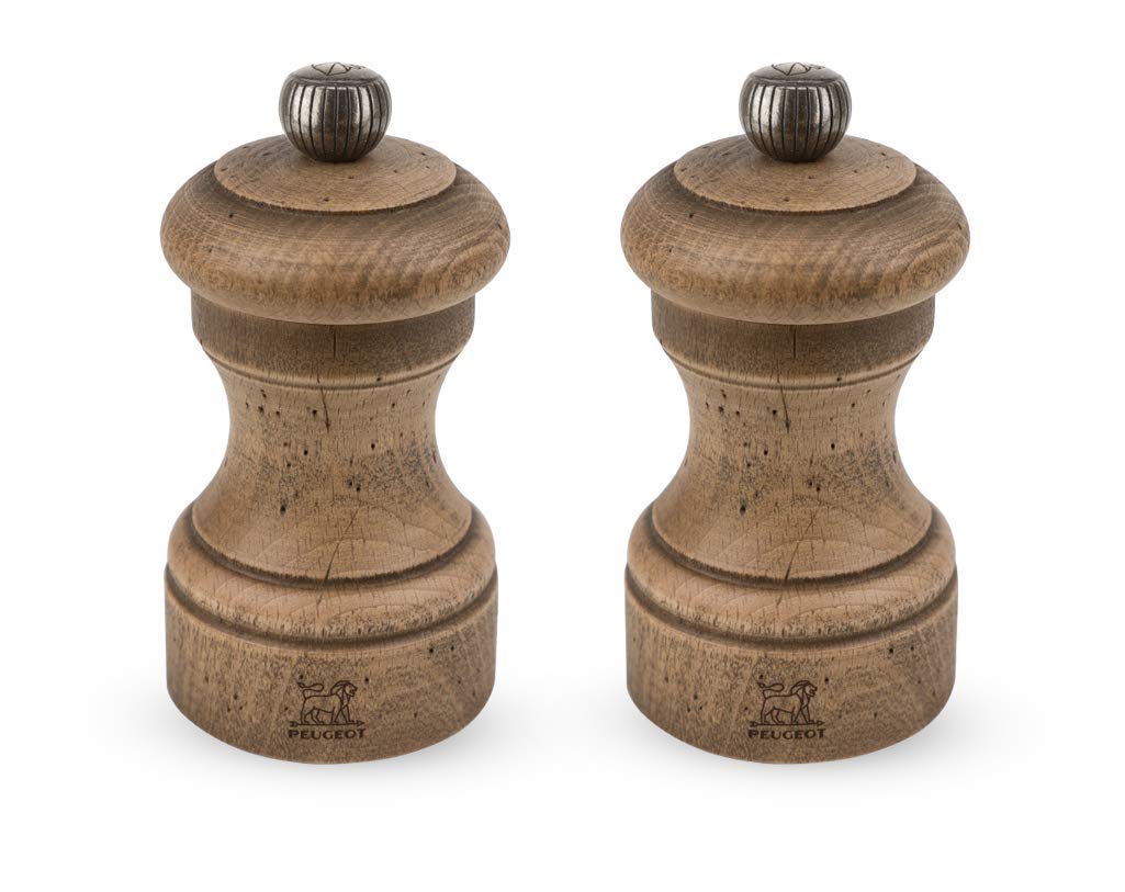 Peugeot Bistro Antique DUO 4 inch Salt and Pepper Shaker Set - Distressed Beechwood Finish - Vintage Style Kitchen Tableware for Restaurants, Home Dining & Gift Giving