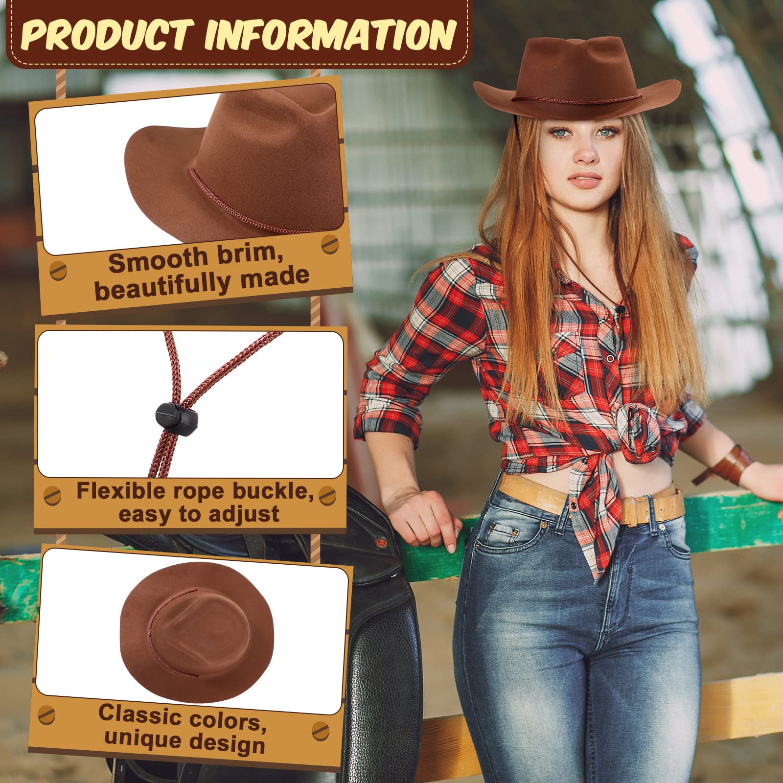 Hicarer 12-Piece Western Cowboy Hat Set - Plastic Felt Wide Brim Cowboy & Cowgirl Hats for Men & Women - Perfect for Costume Parties, Halloween, Rodeo Events & Western Themed Celebrations