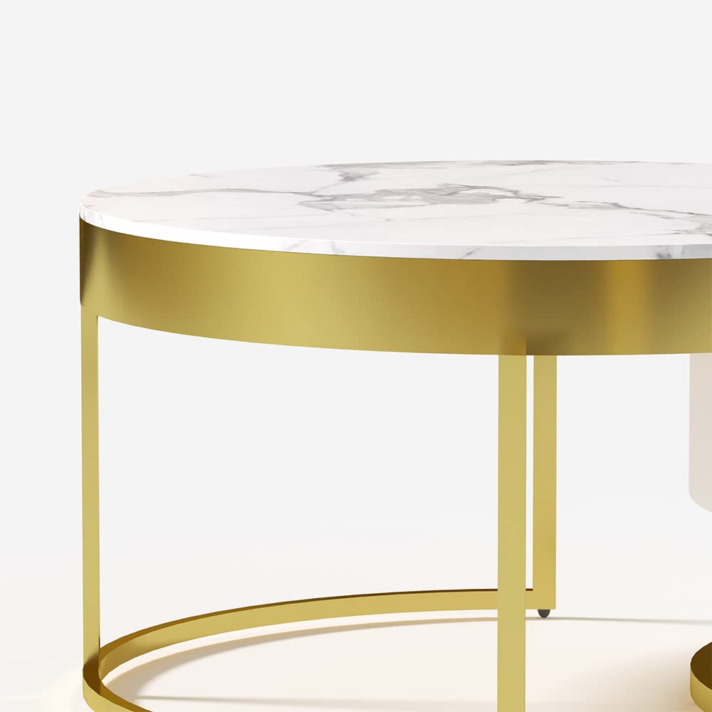 White Round Coffee Table with Storage - Faux Marble Nesting End Table with Rotatable Drawers for Living Room, Bedroom & Office - Modern Home Decor Furniture