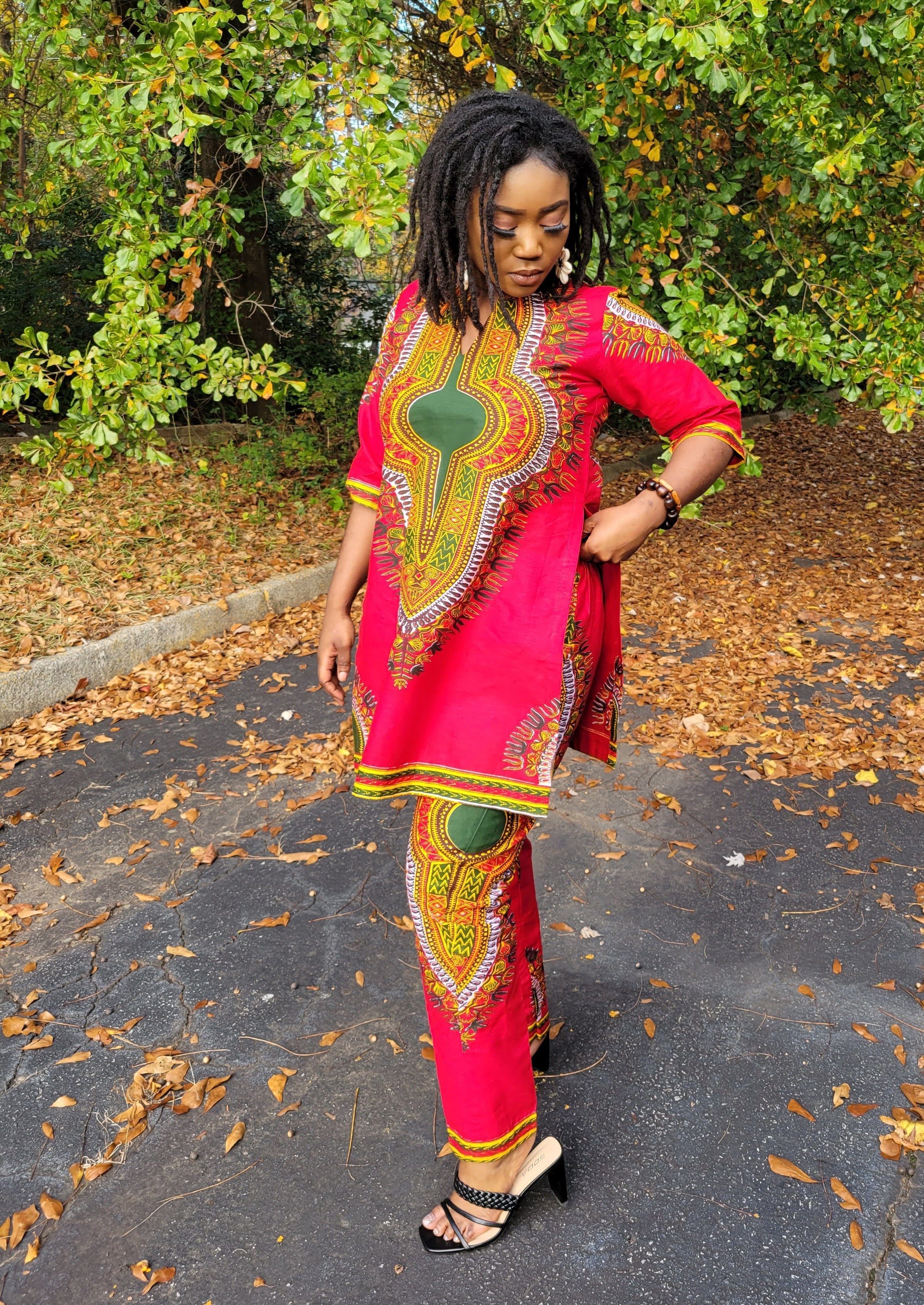 Jamilah Red Dashiki Top and Pant Set DP3975LTP - African Print Outfit for Women | Perfect for Cultural Events, Parties, and Casual Wear