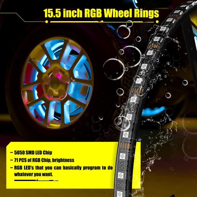SUNPIE RGB Wheel Lights for Trucks, SUVs & Cars - Universal 19'' & 20'' Tire Rim LED Lights with Sequential Multi-Color Effects & 4PC Extension Wires - Perfect for Night Driving, Car Shows & Off-Road Adventures