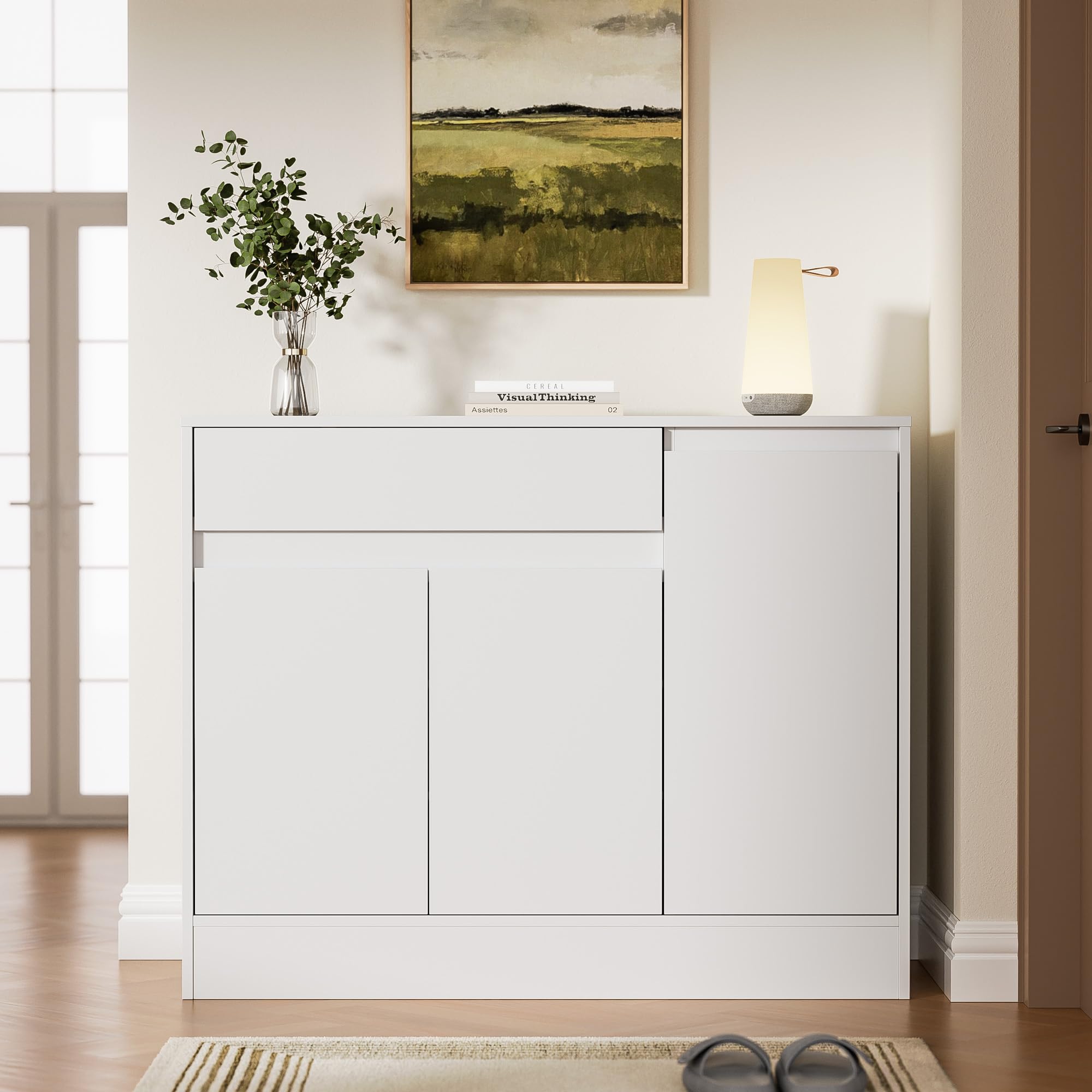3-Door Freestanding Shoe Cabinet with Drawer & Adjustable Shelves - White Wooden Shoe Organizer for Entryway, Hallway - Perfect for Small Spaces, Apartment Living & Closet Organization