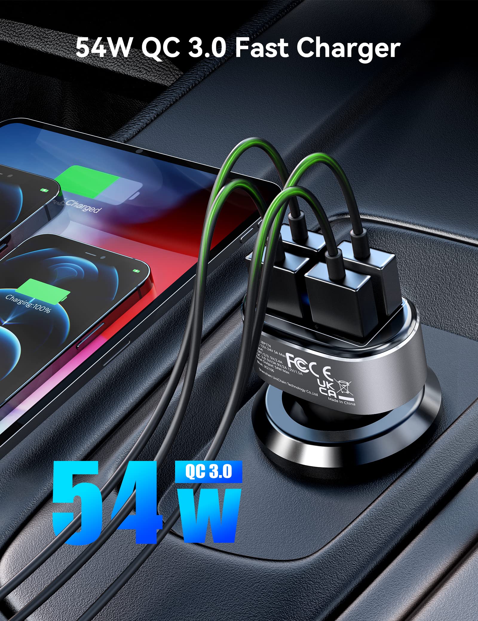 TECKNET 54W 4-Port USB Car Charger with QC 3.0 Fast Charging - Multi Port Car Adapter Compatible with iPhone 15 Pro Max/15 Plus/15/14/13, Samsung Galaxy - Perfect for Road Trips, Family Travel & Charging Multiple Devices On The Go