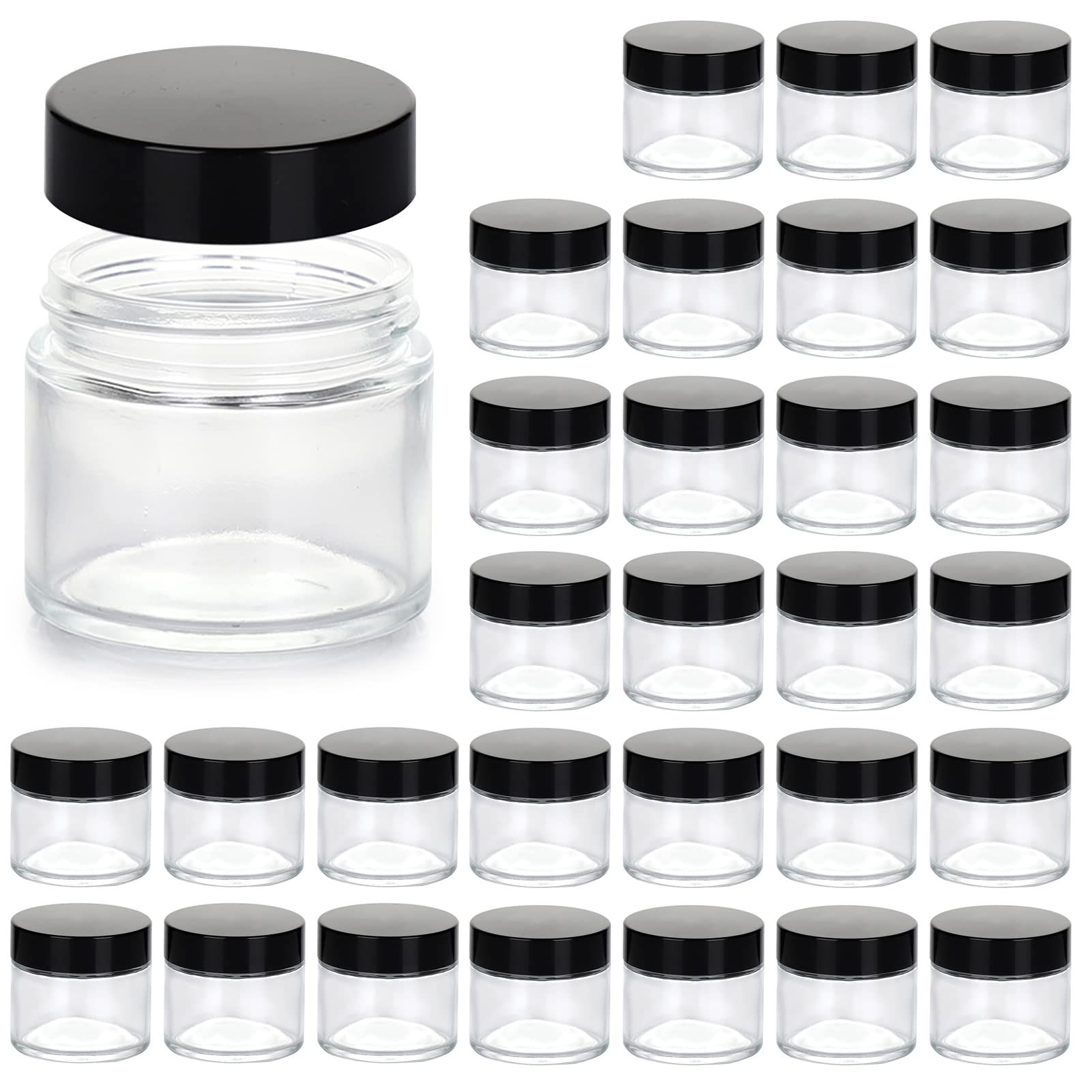 30 Pack 2oz Clear Glass Jars with Black Lids & Inner Liners - Airtight Round Cosmetic Containers for Storing Lotions, Creams, Powders, Ointments - Perfect for DIY Beauty, Travel, Home Organization & Gift Packaging