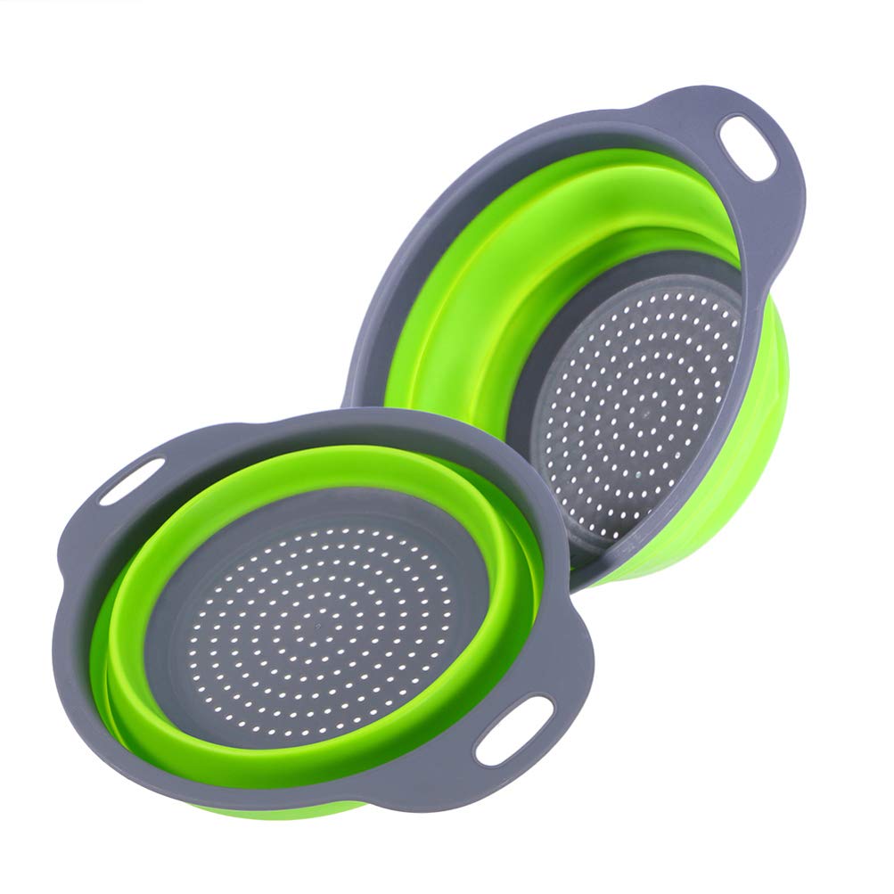 2-Pack Silicone Folding Drain Basket - Collapsible Kitchen Strainer & Colander for Washing Fruits, Vegetables - Compact Green Size S - Perfect for Small Kitchens, Camping & RV Use