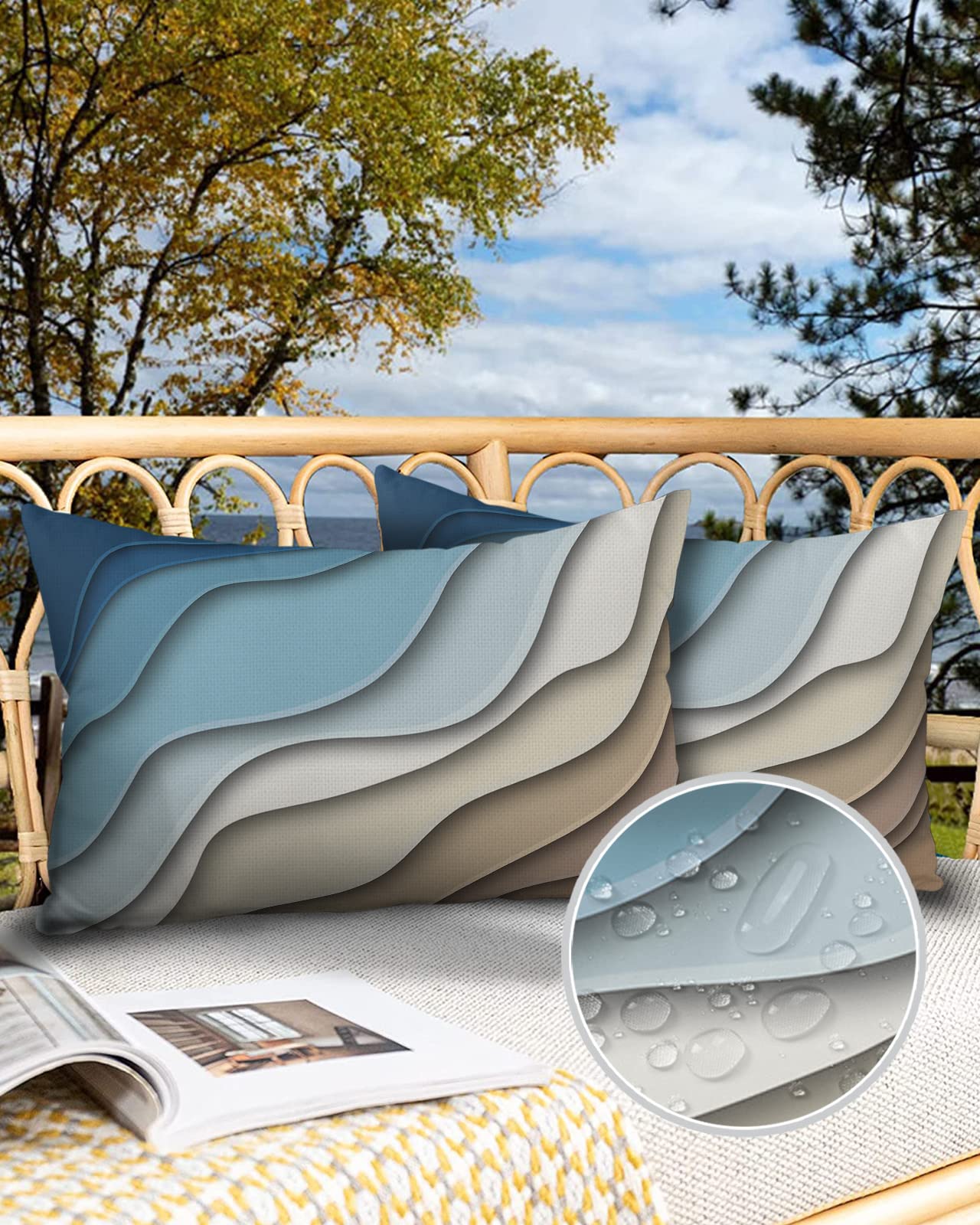 Blue Geometric Outdoor Pillow Covers - Waterproof Modern Lumbar Throw Pillowcases Set of 2 (20x12 Inches) - Brown Abstract Decorative Patio Cushions for Garden, Couch & Outdoor Furniture - Perfect for Backyard, Poolside & Porch Relaxation