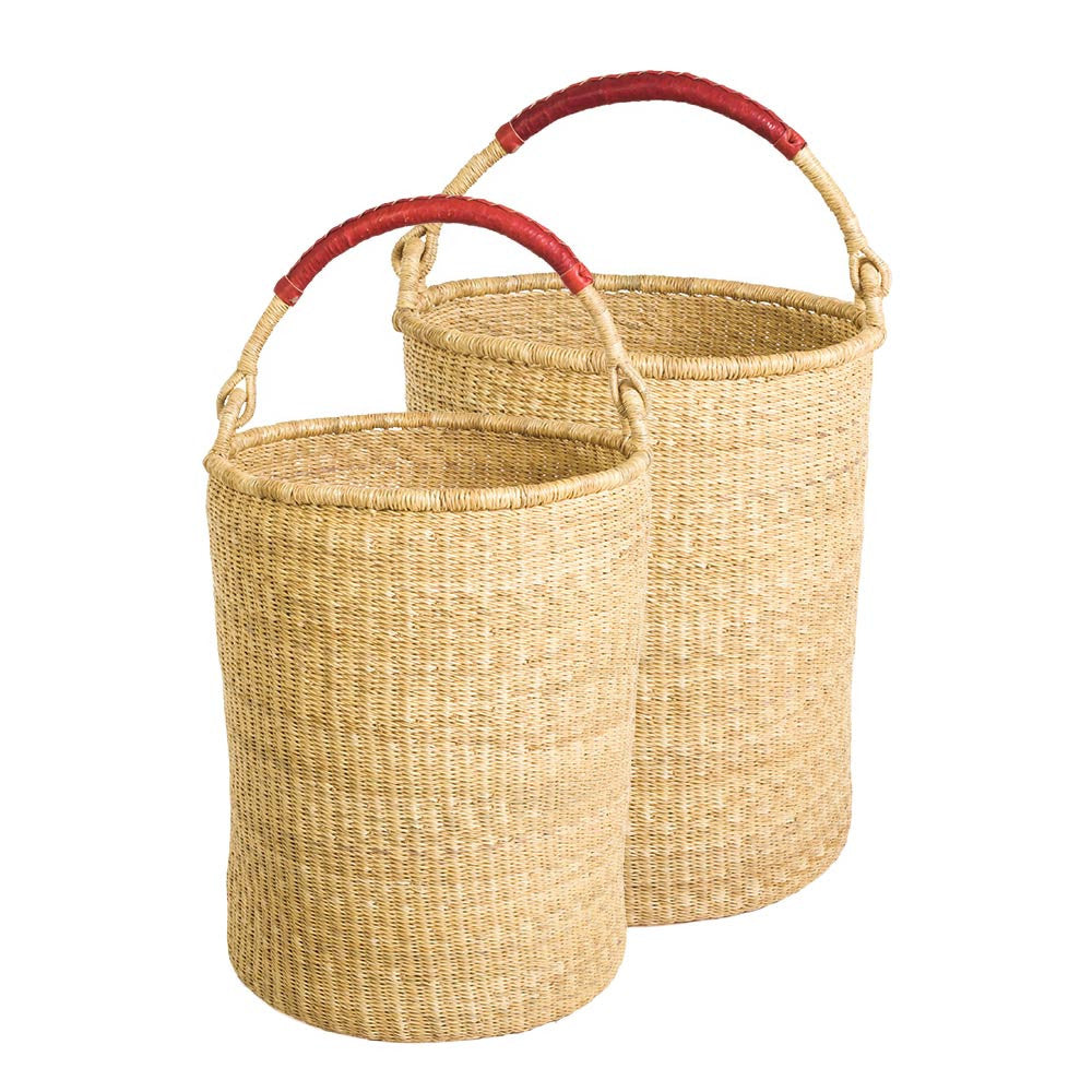 Natural Bolga Hamper Basket Set with Leather Handles - Handwoven Storage for Laundry, Toys & Home Decor - Perfect for Nursery, Bathroom & Farmhouse Style