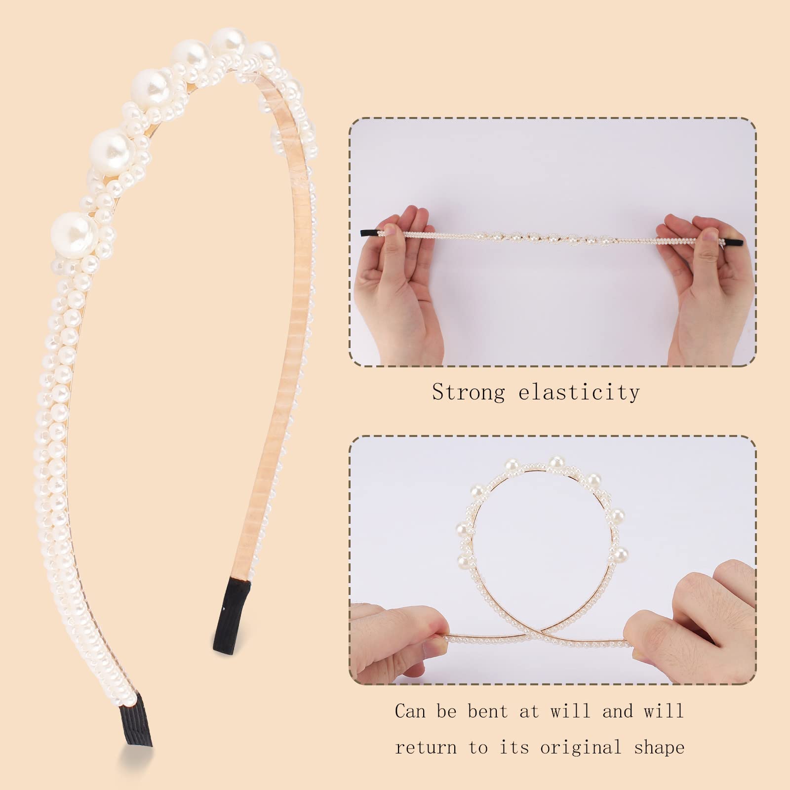 AMCAMI White Pearl Rhinestones Sparkly Beaded Hair Accessories - 6 PCS Headbands & Hair Hoops for Women & Girls | Fashionable Hairbands for Parties, Weddings & Daily Wear