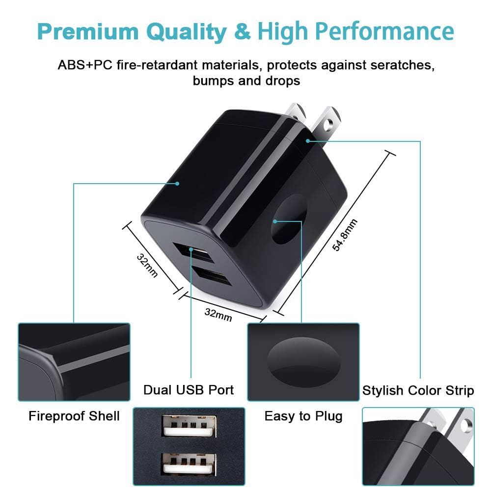 3-Pack 2.4A Dual Port USB Wall Charger Fast Charging Block - Compact Cube Power Adapter for iPhone 16/15/14/13/12/11 Pro Max/XS/XR/X/8/7, iPad, Samsung Galaxy S24/S23, Google Pixel, Moto - Perfect for Home, Office & Travel Charging