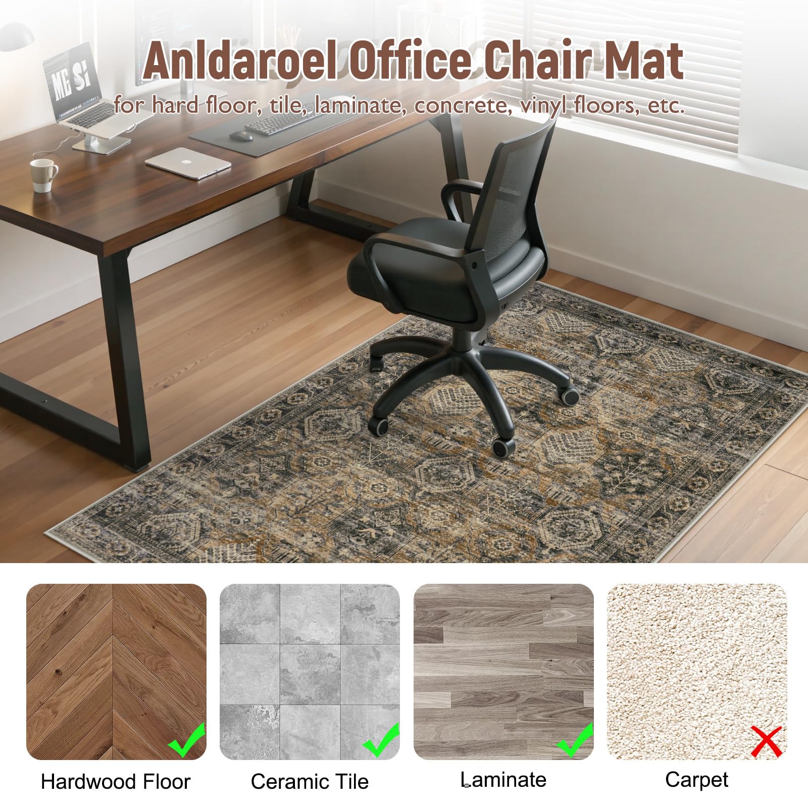 Anidaroel 48x60 Inch Chair Mat for Hardwood Floors - Non-Slip Office Chair Mat for Rolling Chairs, Desk Chair Mat for Low Pile Carpet - Perfect for Home Office, Computer Workstations & Study Areas