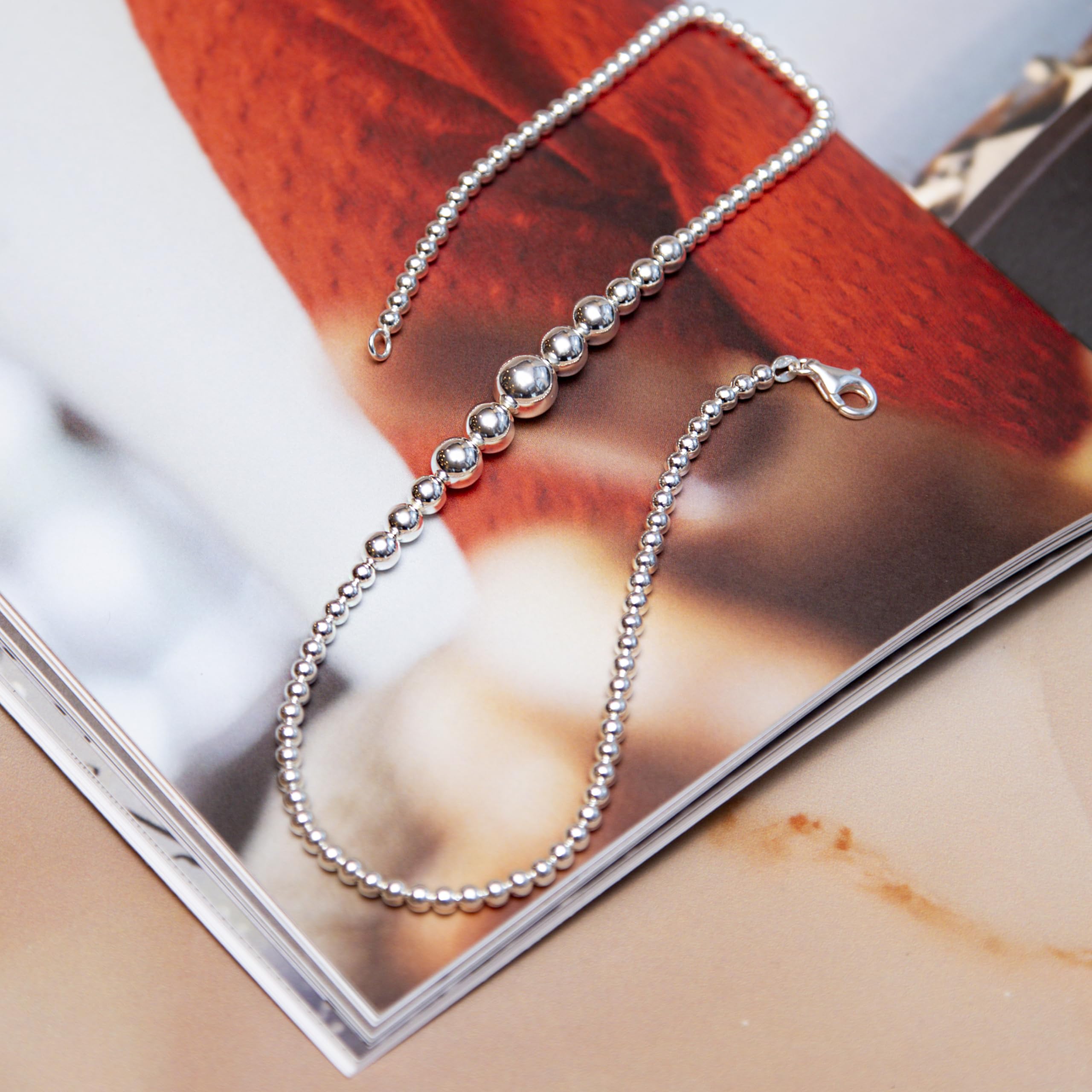 Tuscany Sterling Silver Graduated Beads Necklace for Women - 18 Inch (46cm) Elegant Layered Chain Jewelry for Parties, Weddings & Everyday Wear