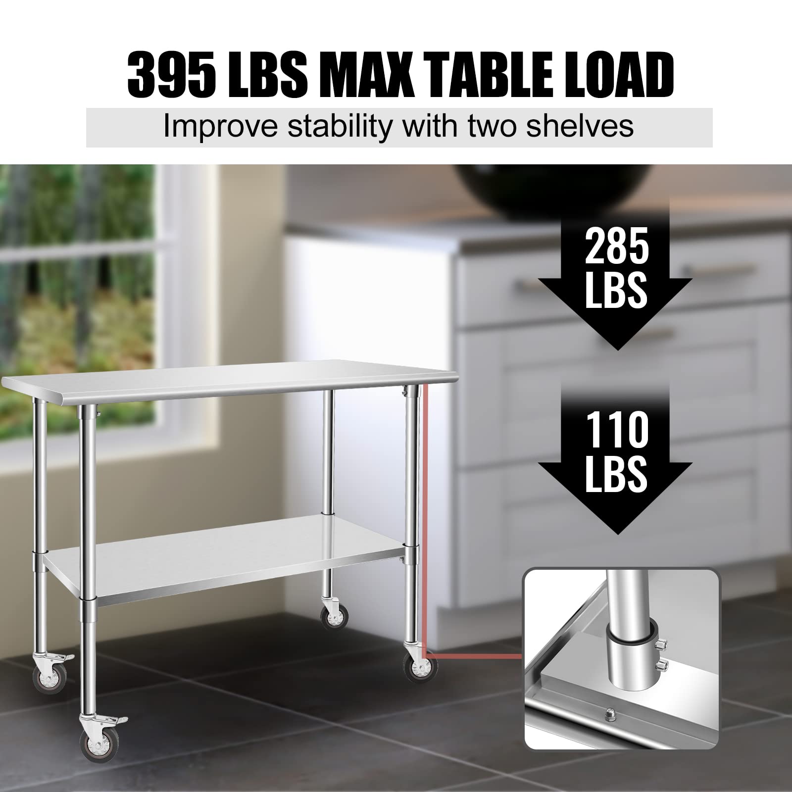 Stainless Steel Work Table with Casters - Heavy Duty Kitchen Prep Table for Restaurant, Home, and Hotel Use - Small Kitchen Table with Stainless Steel Shelves for Food Prep, Baking, and Catering
