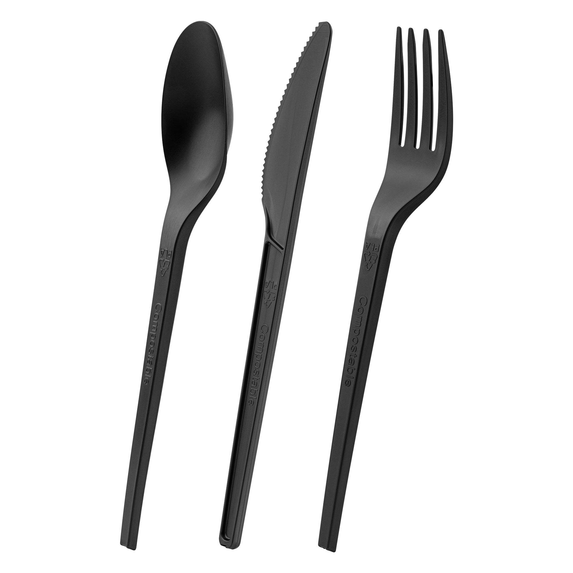 Eco-Friendly Black CPLA Plastic Cutlery Set - 100-Piece Compostable Cutlery with Heat-Resistant Wrapper (6.5