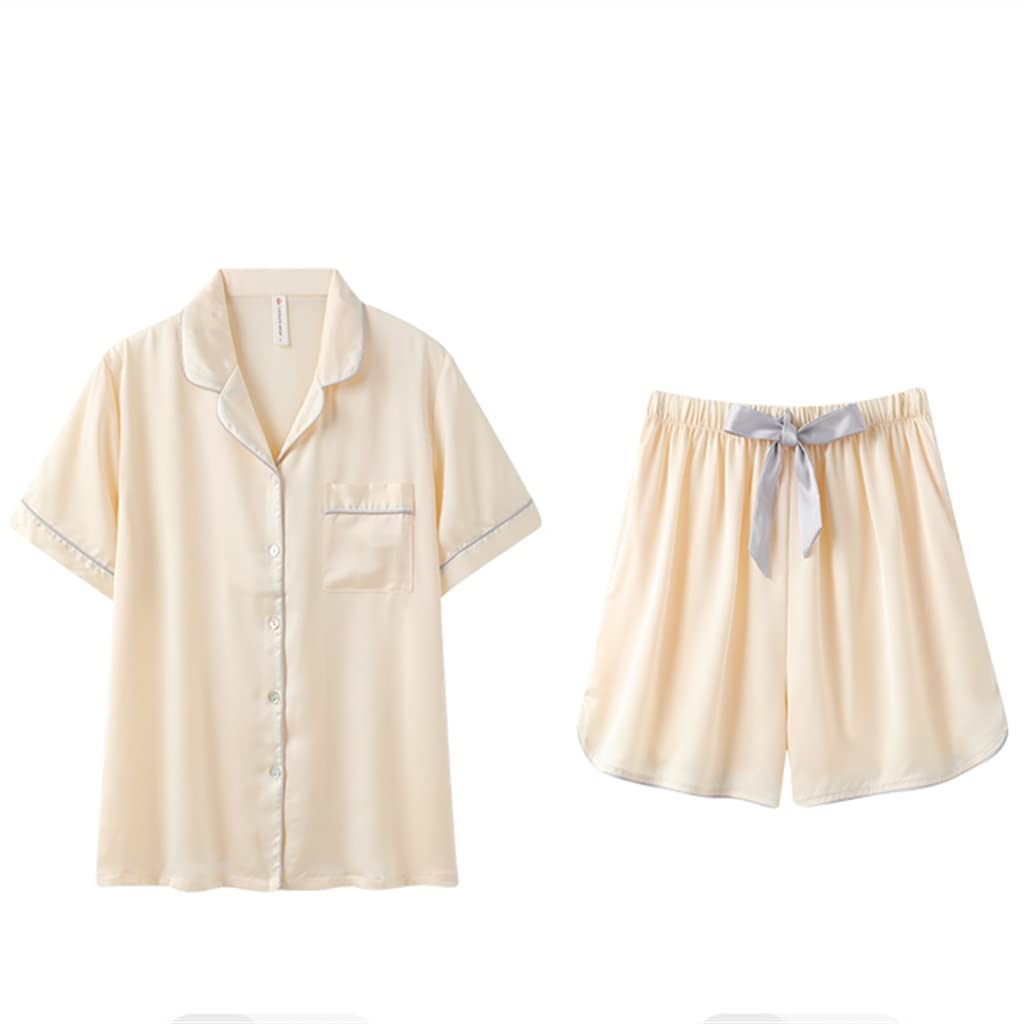 Women's Summer Ice Silk Pajama Set - Short Sleeve & Shorts for Comfortable Sleepwear - Soft & Breathable Homewear (Beige, XL) - Perfect for Lounging, Nighttime Comfort & Vacation Wear