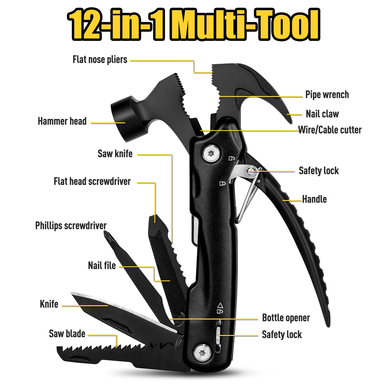 12-in-1 Multitool Camping Gear for Men - Perfect Father's Day Gift, Birthday Present for Dad, Husband & Outdoorsmen - Survival Tools for Hiking, Fishing, BBQ & Emergency Preparedness