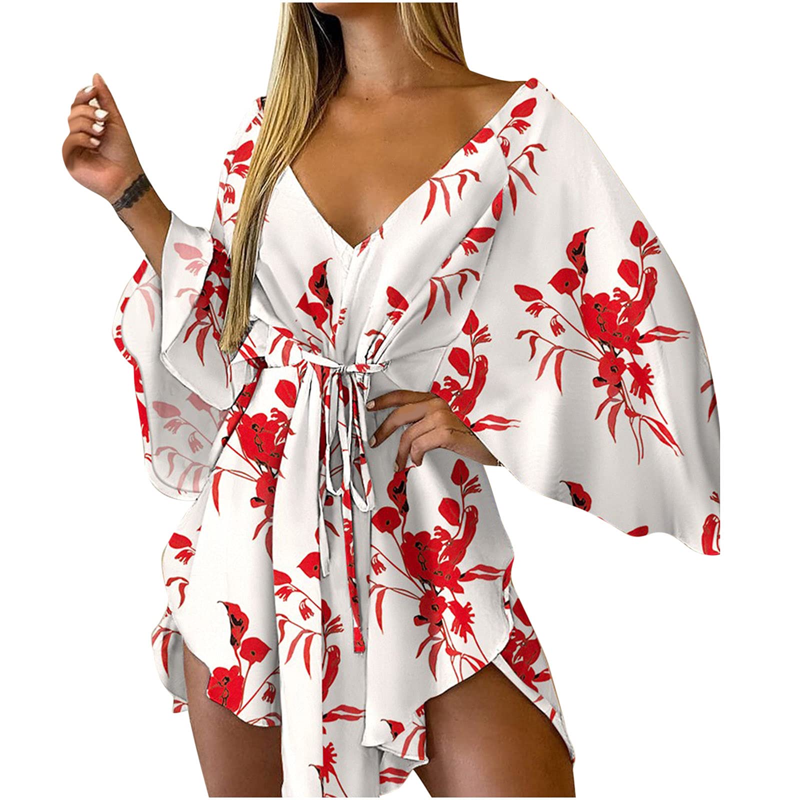 Women's Casual Loose V-Neck Long Sleeve Bandage T-Shirt Dress - Summer Floral Print & Leopard Flowy Mini Dress for Beach, Party & Everyday Wear
