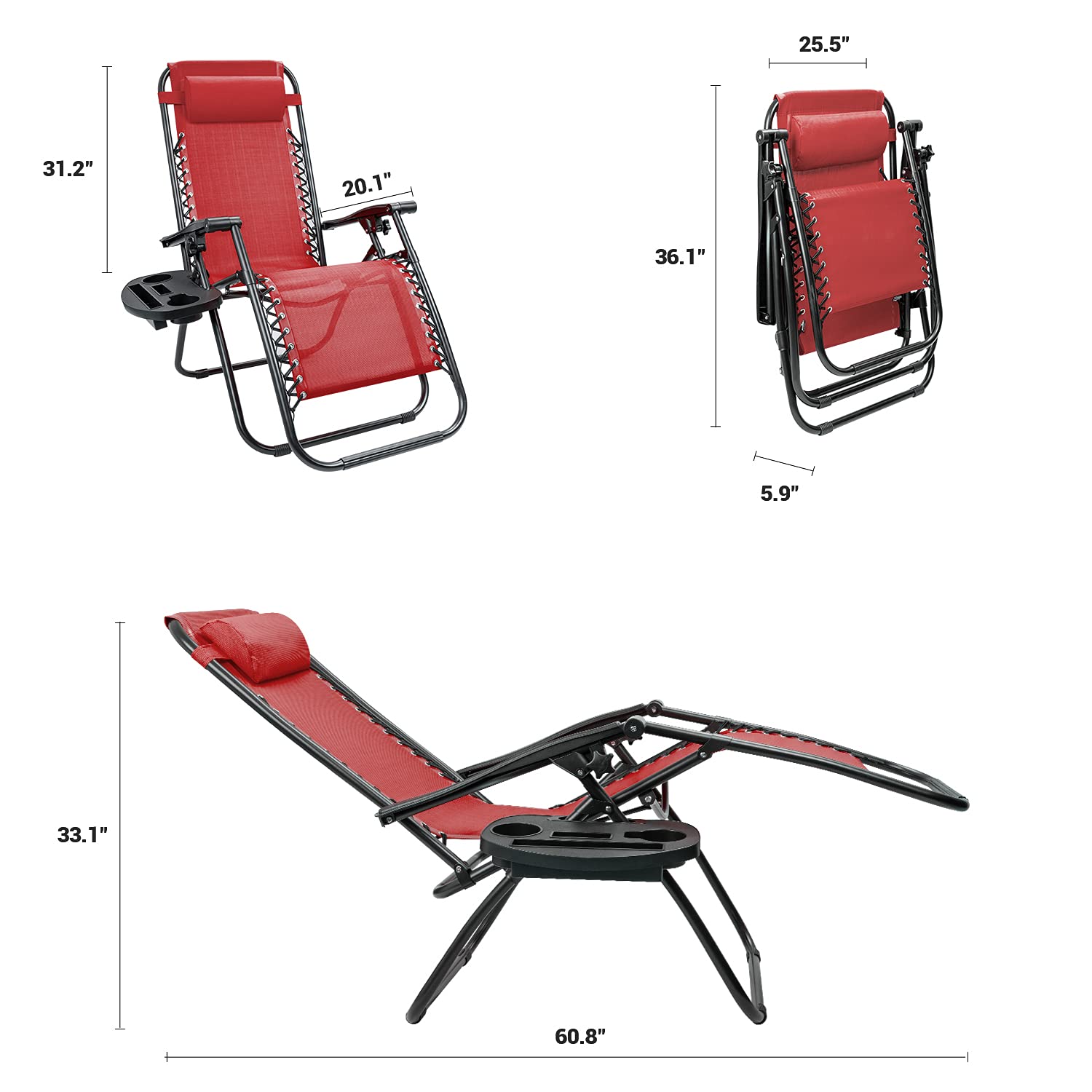 Kemon Zero Gravity Folding Lounge Chair - Adjustable Reclining Outdoor Patio Chair with Pillows & Cup Holders - Set of 2 Red Chairs - Perfect for Beach, Poolside, Backyard & Camping Relaxation