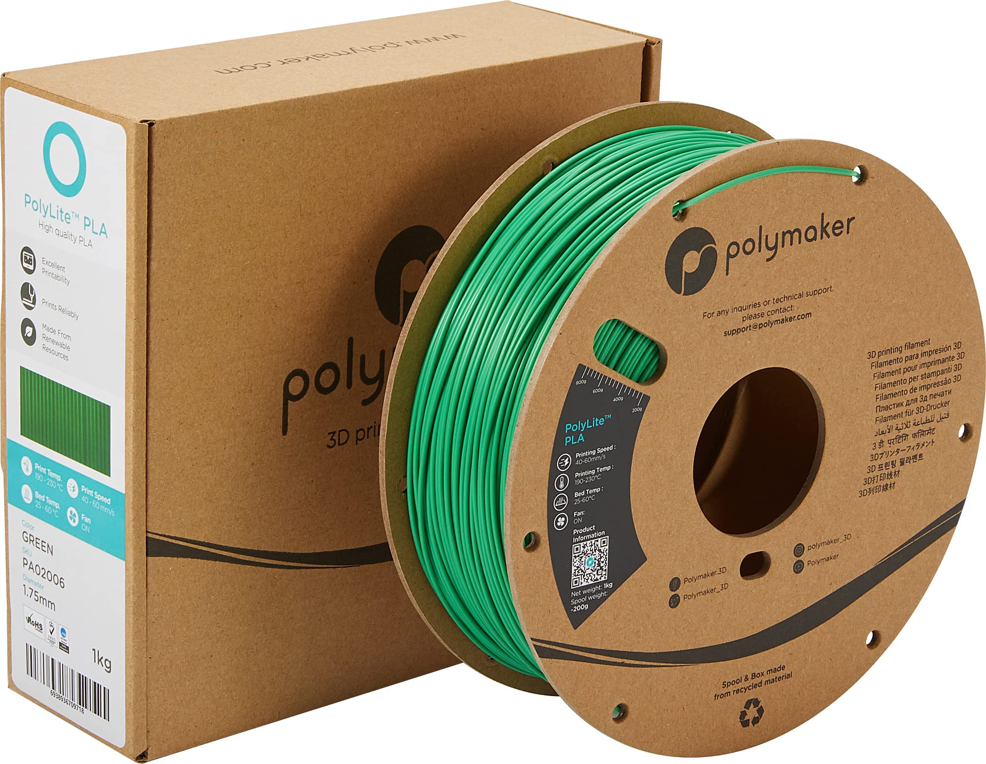 Polymaker PolyLite PLA 3D Printer Filament 1.75mm Bundle - 3 Spools (Green, Red, White) | High-Quality PLA Filament for Smooth 3D Printing | Perfect for DIY Projects, Home Decor & Prototyping