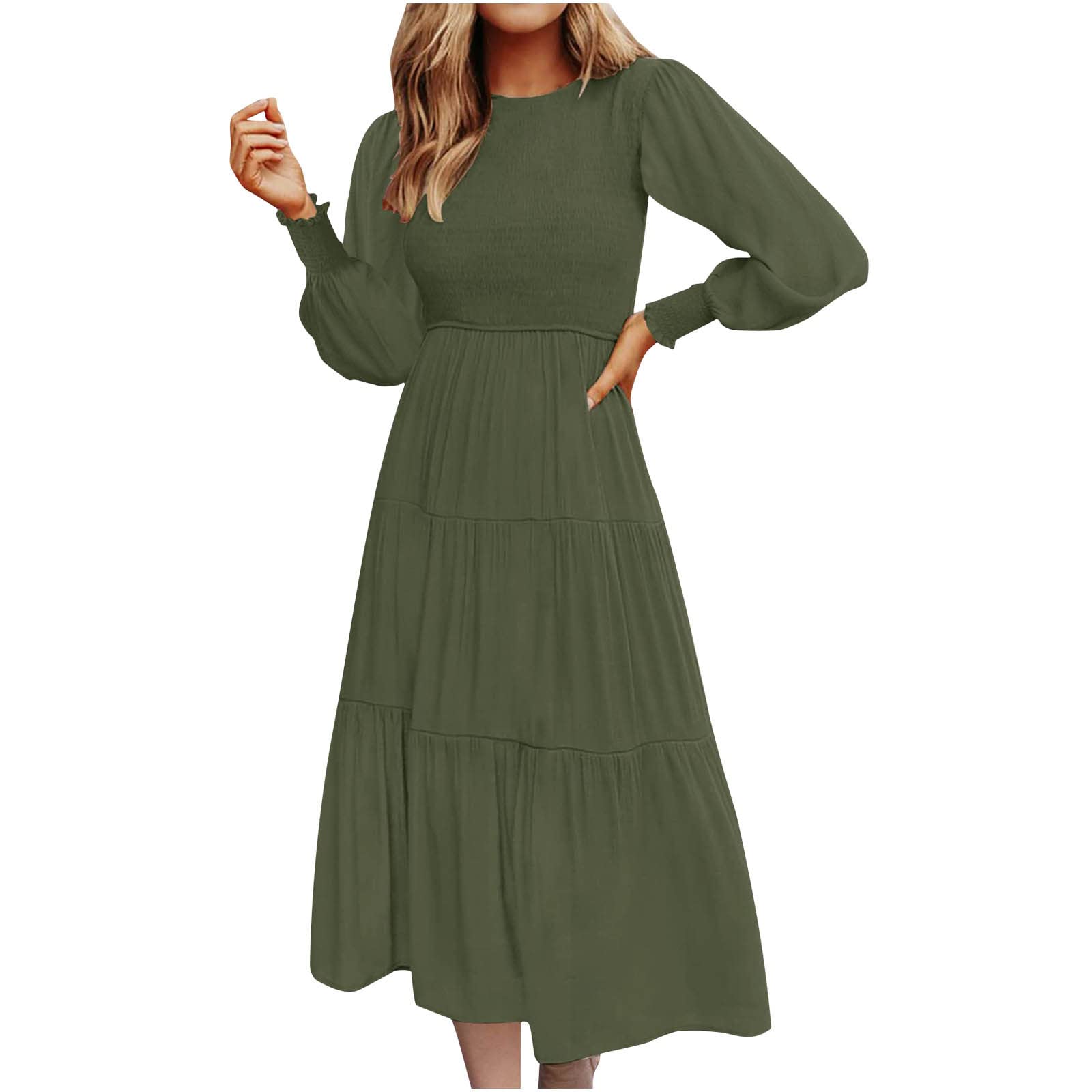 Women's Long Sleeve Maxi Dress - Winter & Fall Casual Swing Dress with Elastic Waist & Smocked Details - Perfect for Holiday Parties, Office Wear and Date Nights