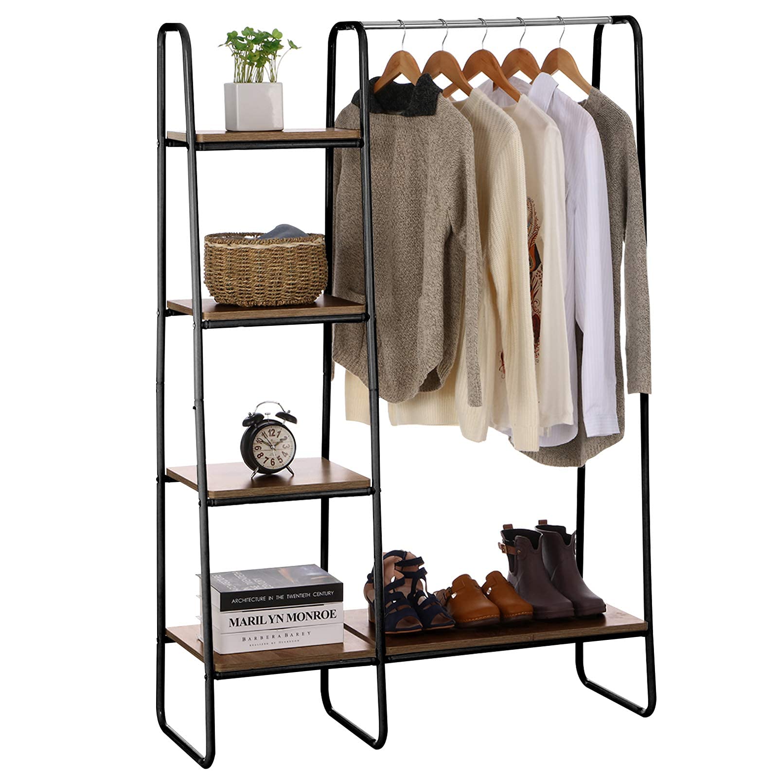 AKSG Heavy Duty Clothing Rack with 4-Tier Wood Shelves & Metal Hanger Rod - Freestanding Wardrobe Organizer for Bedroom, Living Room, Entryway - Perfect for Closet Organization, Laundry Room Storage & Guest Room Decor (Brown)