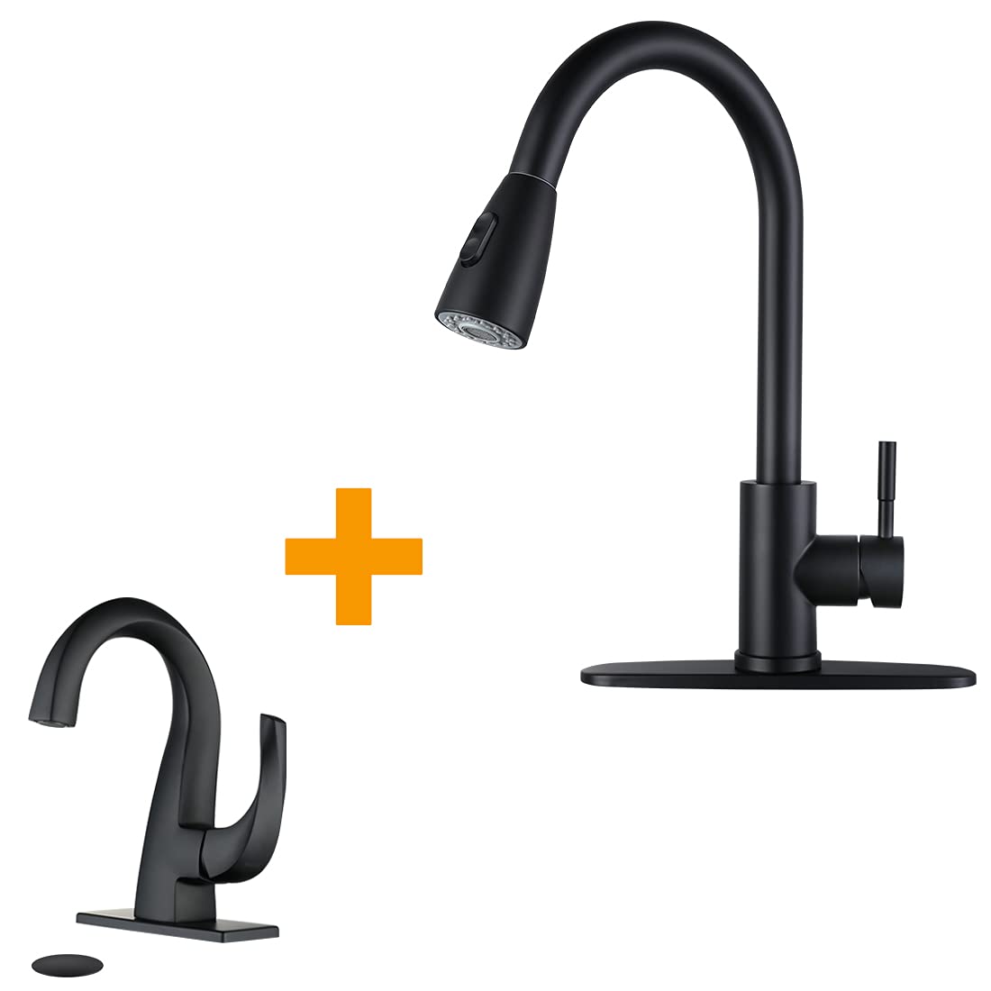 WOWOW Single Handle Bathroom Sink Faucet & Matte Black Kitchen Faucet with Pull Down Sprayer - Perfect for Modern Homes, Apartments, and Renovations