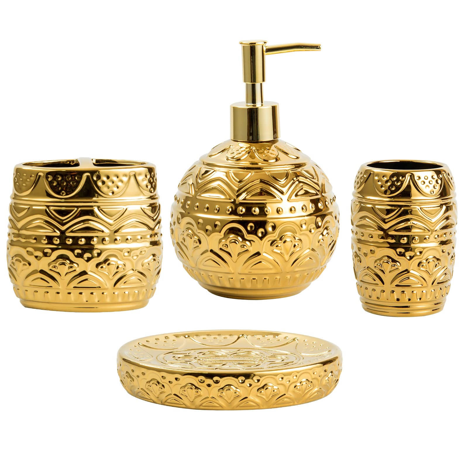 5-Piece Gold Ceramic Bathroom Accessories Set - Toothbrush Holder, Cup, Soap Dispenser, Soap Dish & Trash Can - Elegant Home Decor for Modern Bathrooms