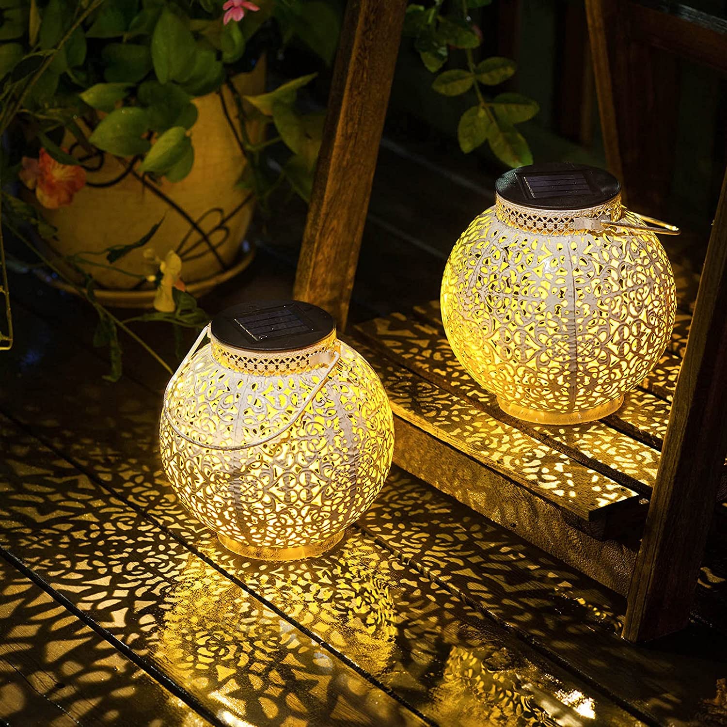 Solar Lanterns Outdoor Waterproof - Metal Retro Garden Lights for Patio, Yard, Pathway - Perfect Gift for Mother's Day, Birthday (White, Set of 2) - Ideal for Camping, Backyard Decor, Wedding & Holiday Lighting
