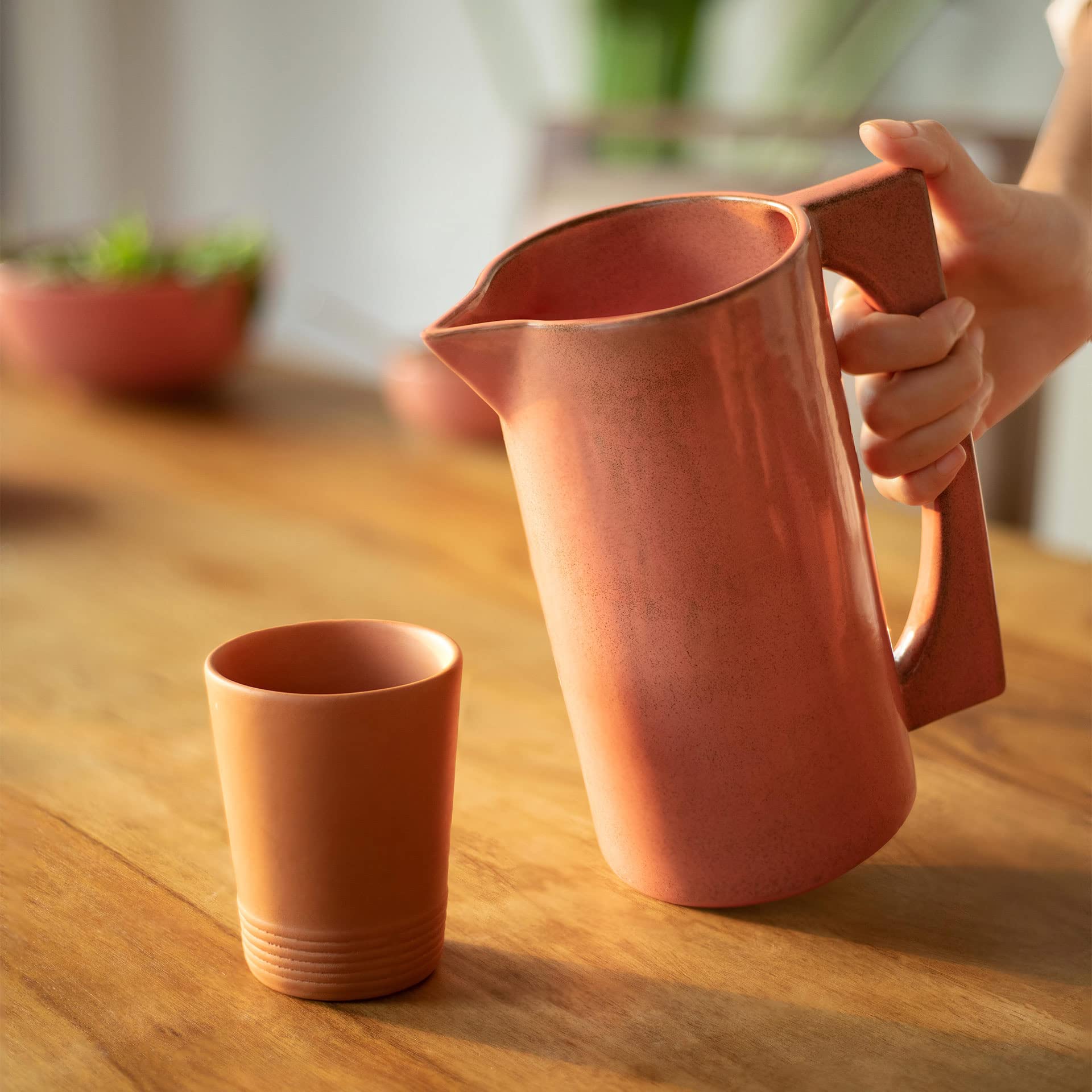 Rustic Reef Ceramic Jug with Wooden Lid - Handcrafted Farmhouse Pitcher for Water, Juice & Milk | Perfect for Kitchen, Dining Table & Countryside Picnics