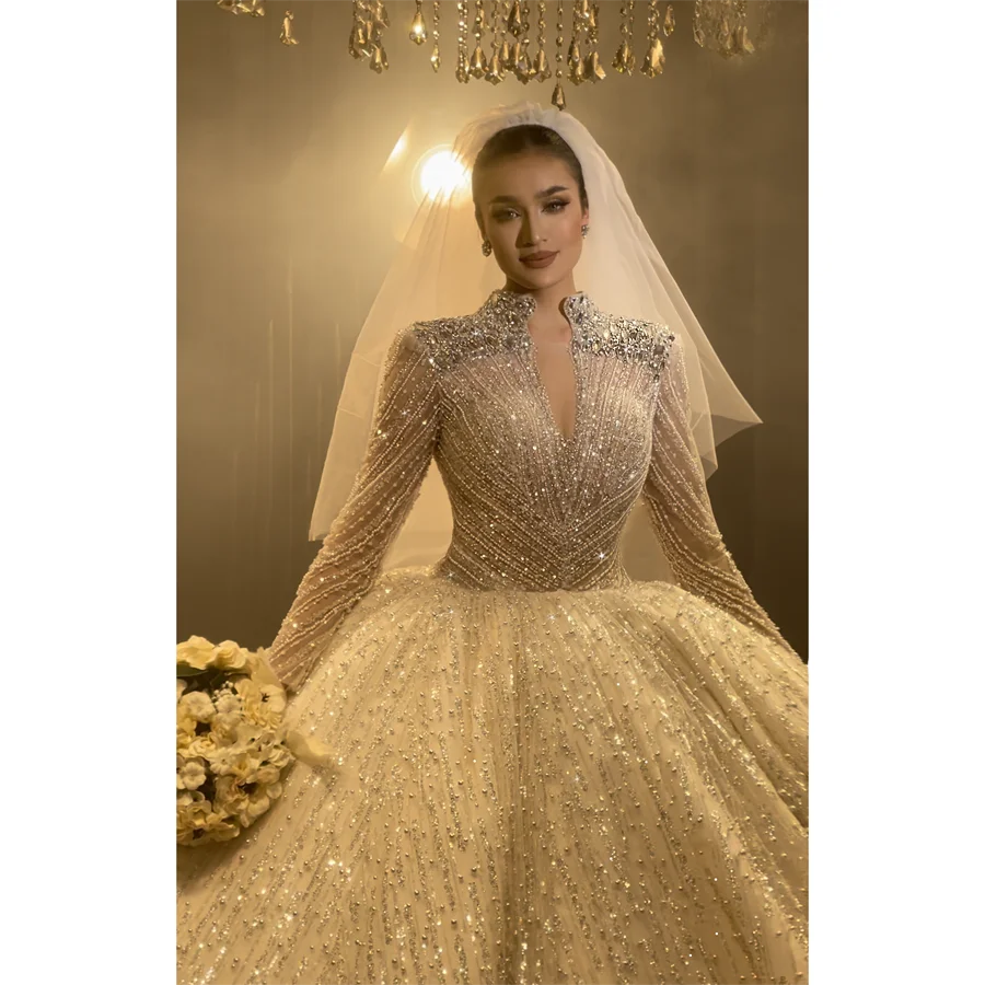 Elegant Long Sleeve Luxury Bridal Ball Gown Wedding Dress for Bride - Perfect for Church Ceremony, Formal Wedding & Princess-Style Reception