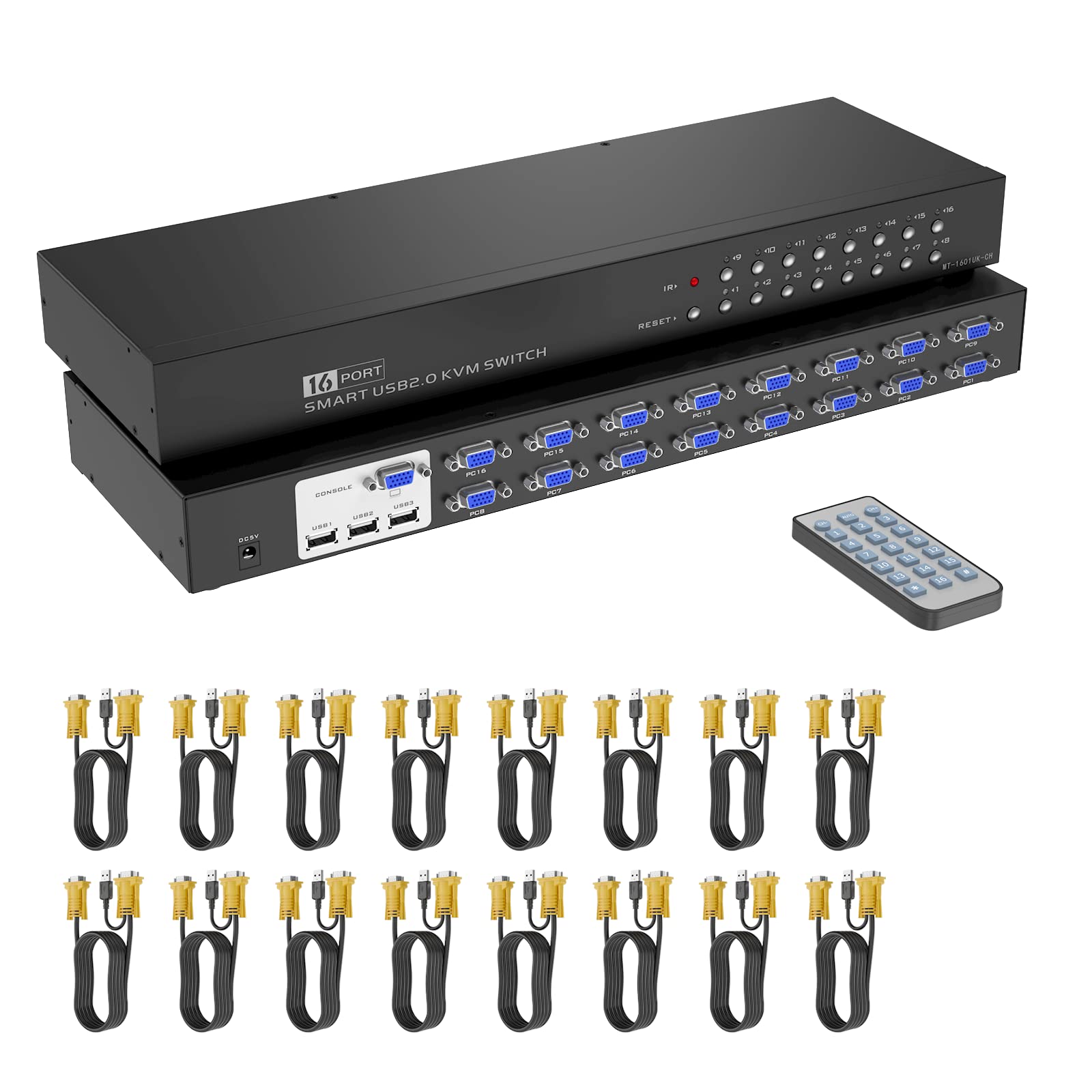 16 Port KVM Switch with 16-Pack Cables & IR Remote - 1U Rack Mount Console for Server Management | Supports HD 1080P VGA | Ideal for Data Centers, IT Labs & Network Control Rooms