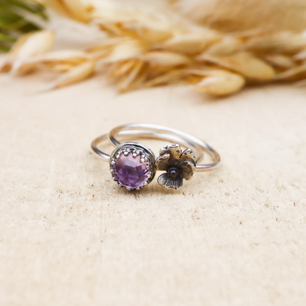 Pansy in the Spring Rain Stacking Rings - Dainty Floral Stackable Rings for Women, Adjustable Boho Jewelry Set - Perfect for Everyday Wear, Layering & Gift Giving