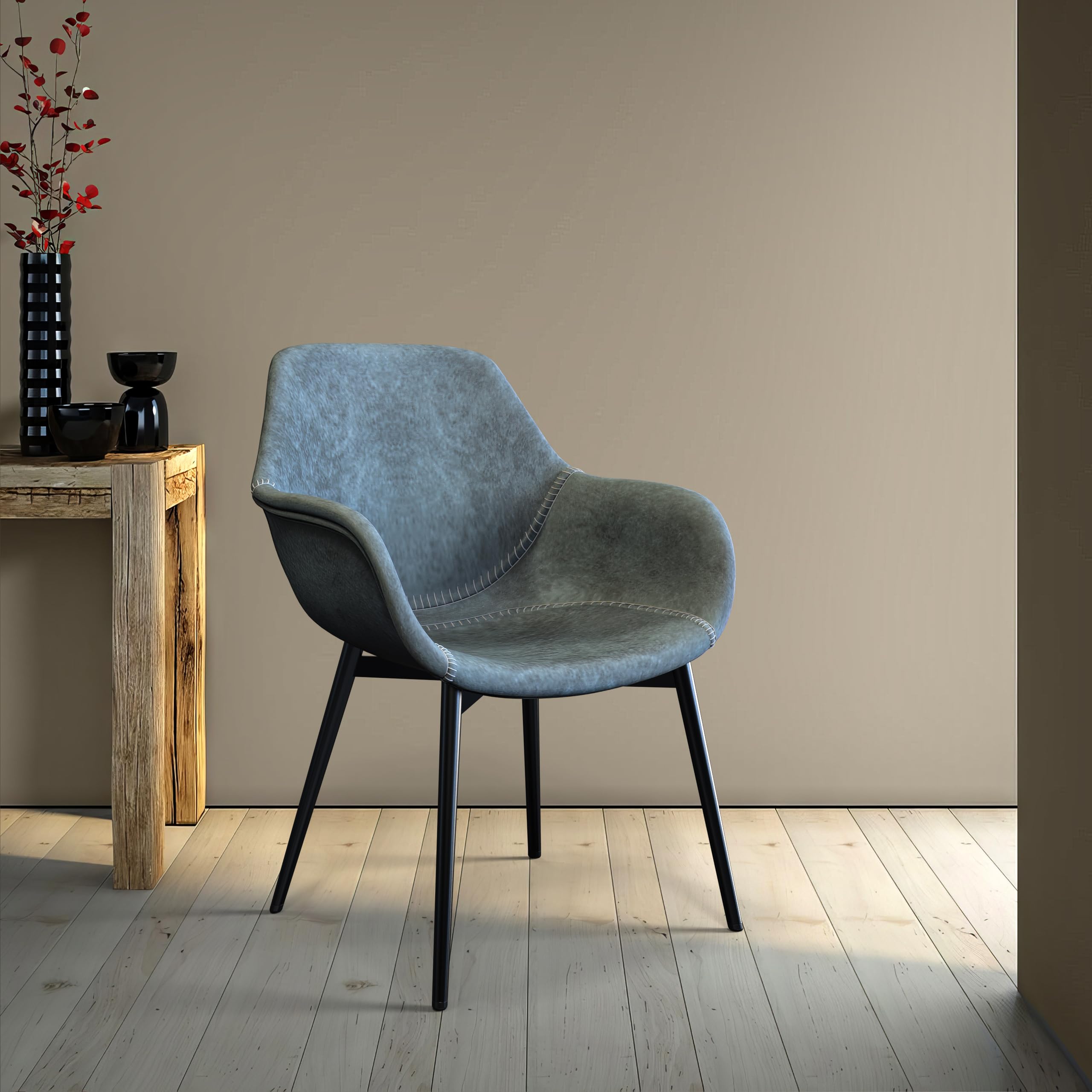 LeisureMod Markley Modern Leather Dining Armchair - Peacock Blue Kitchen Chair with Sturdy Metal Legs for Dining Room, Kitchen, or Home Office