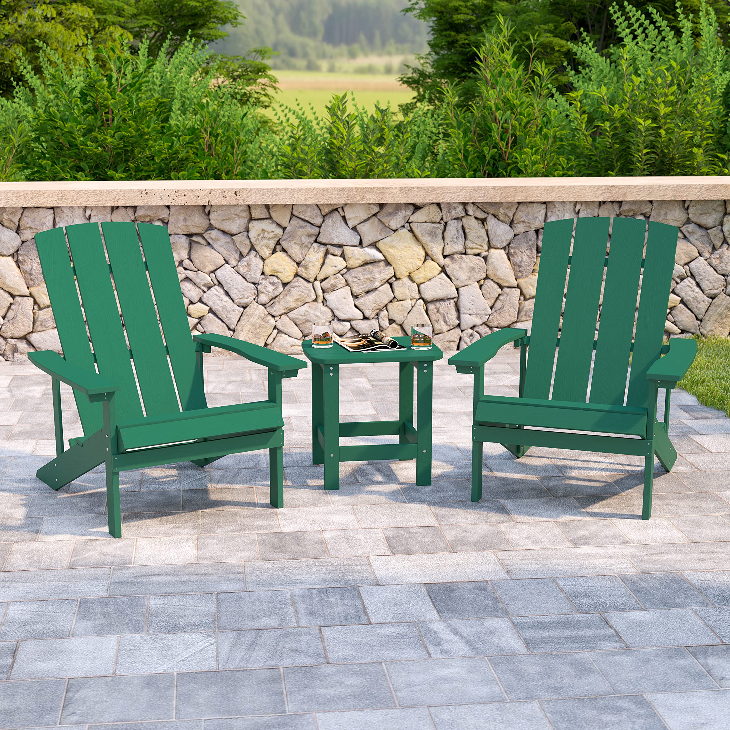 EMMA + OLIVER Green Adirondack Style Outdoor Furniture Set - Side Table with 2 Chairs for Patio, Garden & Poolside Relaxation