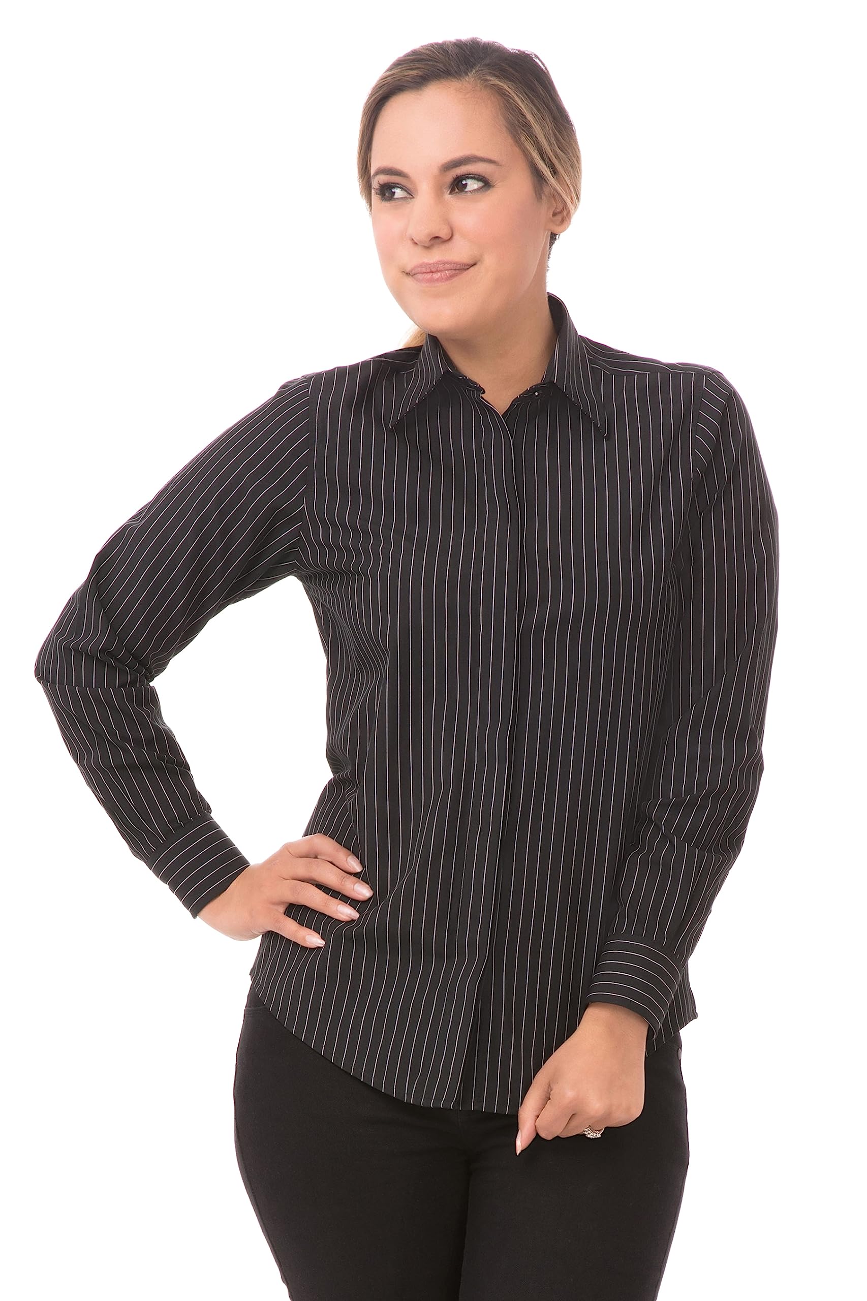 Chef Works Women's Long Sleeve Onyx Black Dress Shirt - Professional Kitchen & Office Wear for Female Chefs & Waitresses