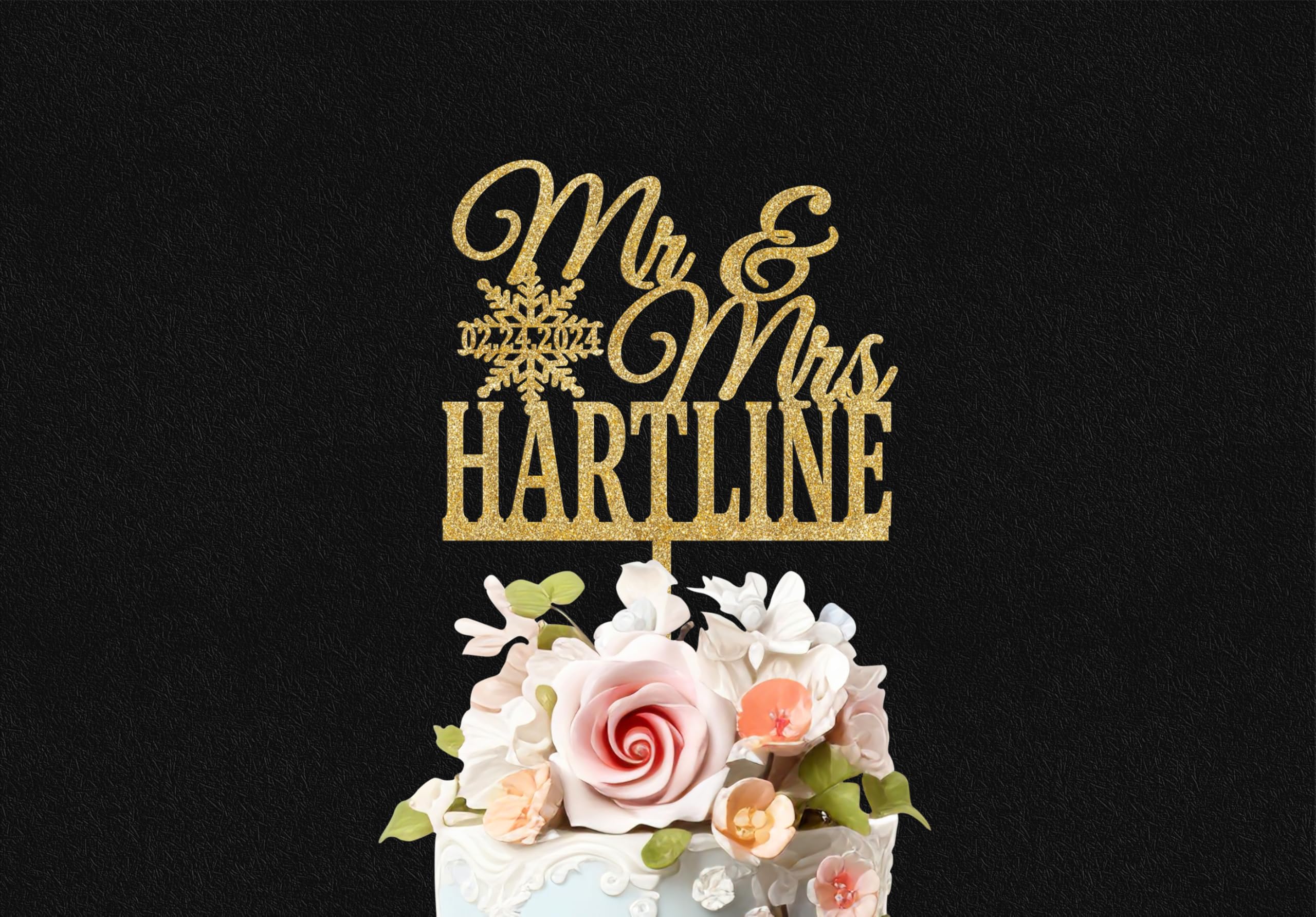 Personalized Winter Wedding Cake Topper - Snowflake Mr & Mrs Cake Decor with Custom Last Name & Date - Rustic Gold Anniversary Cake Topper for Wedding & Special Celebrations