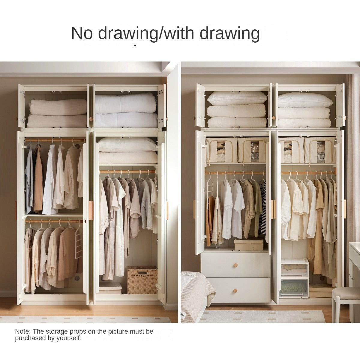 Pine Solid Wood Wardrobe - Cream Style Modern Closet for Bedroom, Living Room & Office Storage