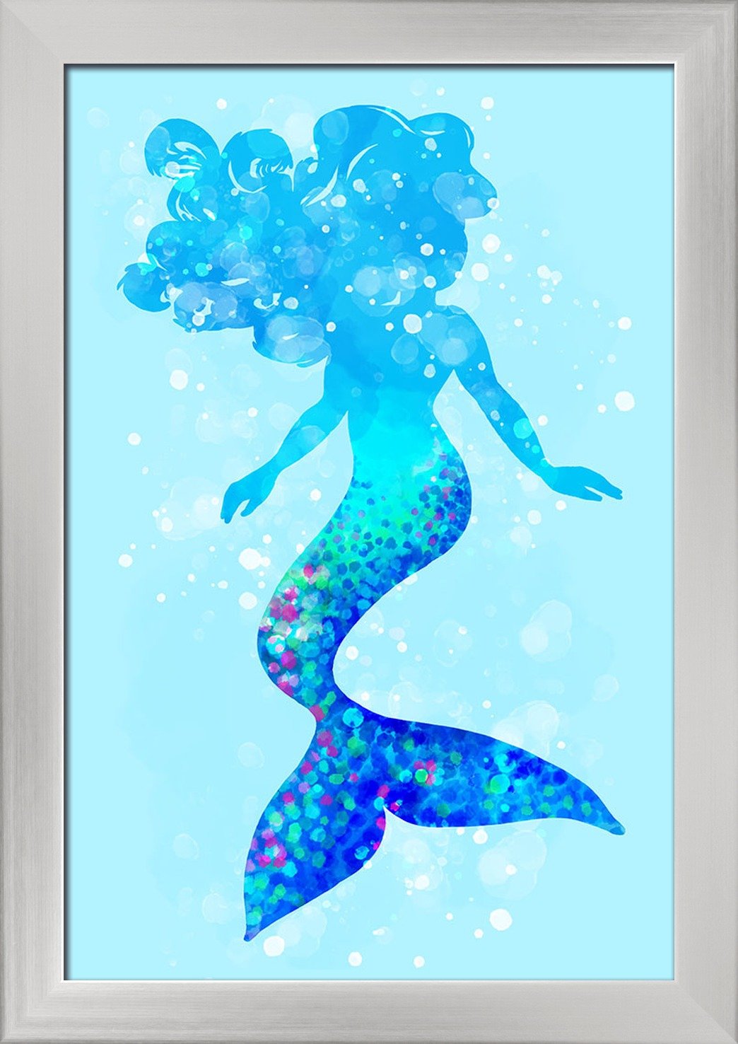 Silhouette Mermaid Fine Art Print - Light Blue Background, 12x18 Giclee on Recycled Wood Frame with Silver Finish | Perfect for Beach House Decor, Nursery Wall Art & Coastal Theme Bedroom