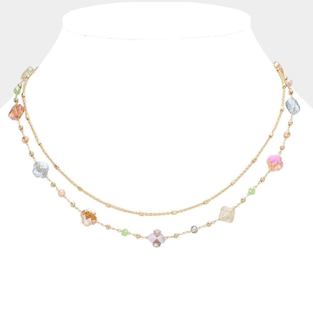Multi-Color Faceted Quatrefoil Beaded Layered Chain Necklace for Women - Elegant Layered Statement Jewelry for Parties, Weddings & Everyday Wear