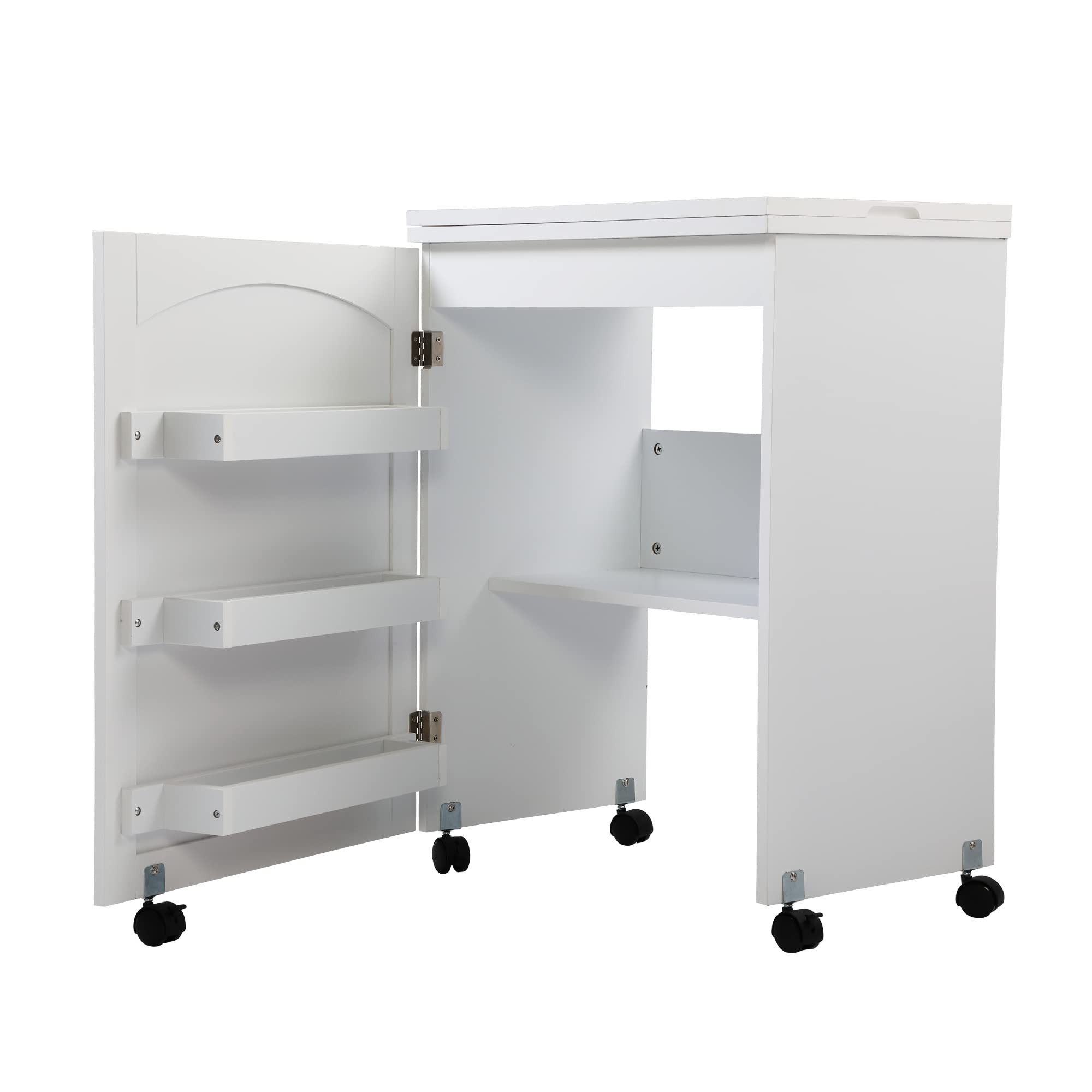 Compact Folding Sewing Craft Table with Storage Shelf & 3 Trays - White Sewing Machine Cabinet for Quilting, DIY Projects & Home Crafting Workspace