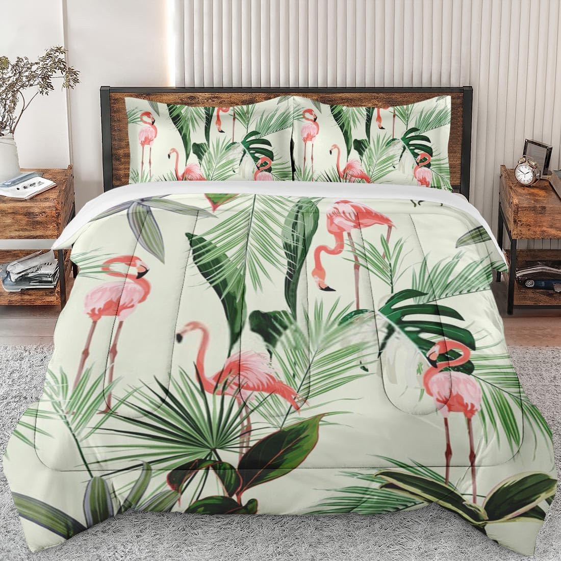 Queen Size Pink Flamingo Flower Palm Comforter Set - Soft Tropical Bedding for Kids & Adults with 2 Pillowcases - Perfect for Bedroom Decor & Beach House Styling