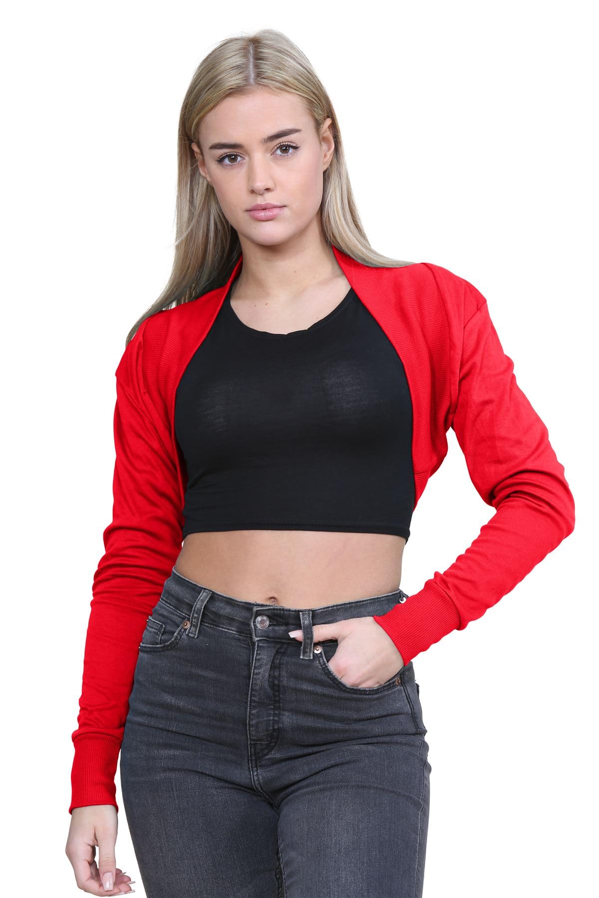 Janisramone Women's Long Sleeve Cotton Shrug Cardigan - Soft Red Knit Cover-Up for Casual Wear, Office, and Evening Outfits