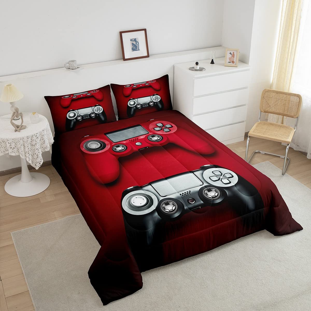 Feelyou Gaming Bedding Set - Red Video Game Controller Printed Comforter Set for Teens & Boys, 3-Piece Gamer Duvet Quilt Set (1 Comforter + 2 Pillowcases), Full Size, Black - Perfect for Gaming Rooms, Teen Bedrooms & Sleepovers