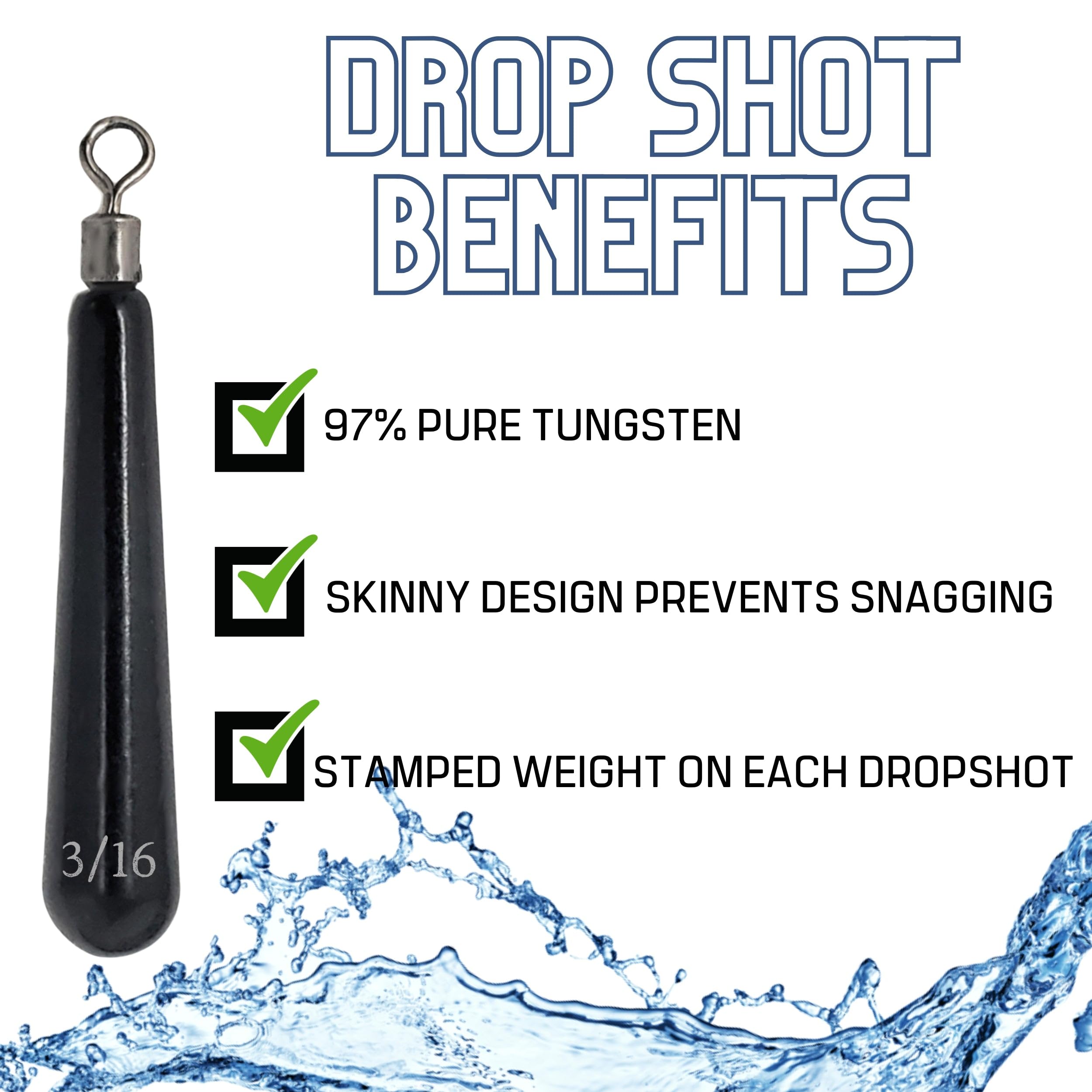 Reaction Tackle Tungsten Drop Shot Weights - Premium Fishing Sinkers for Bass & Walleye | Skinny Dropshot Weights with Size Stamps | Freshwater & Saltwater Use | Ideal for Finesse Fishing & Deep Water Drop Shot Rigs