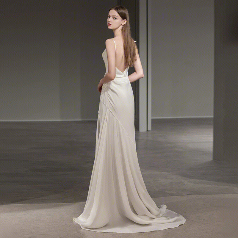 Elegant White Satin French Spaghetti Strap Long Prom Dress with V Back - Perfect for Weddings, Formal Events & Evening Galas