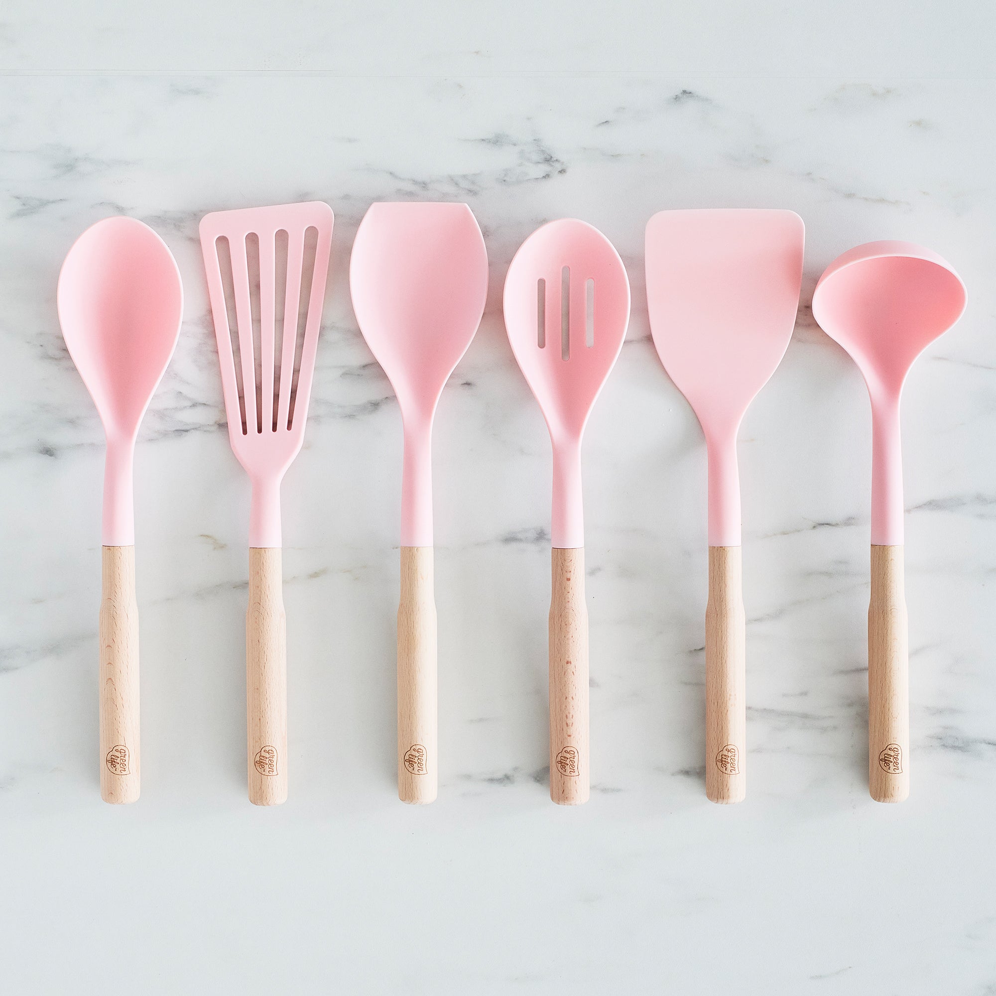 GreenLife Non-Toxic Nylon & Wooden Cooking Utensil Set with Ceramic Crock - 7 Piece Kitchen Tools (Pink) for Baking, Stirring & Serving - BPA-Free & Heat Resistant