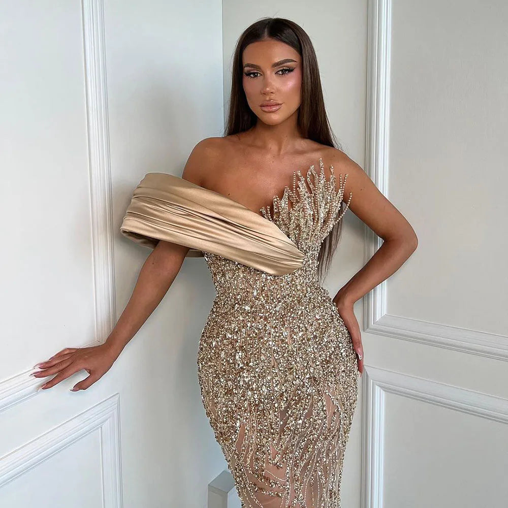 Elegant One Shoulder Beaded Evening Gown - Dubai Inspired Caramel Arabic Dress for Formal Occasions & Special Events - LA72577 | Perfect for Weddings, Galas and Red Carpet Events