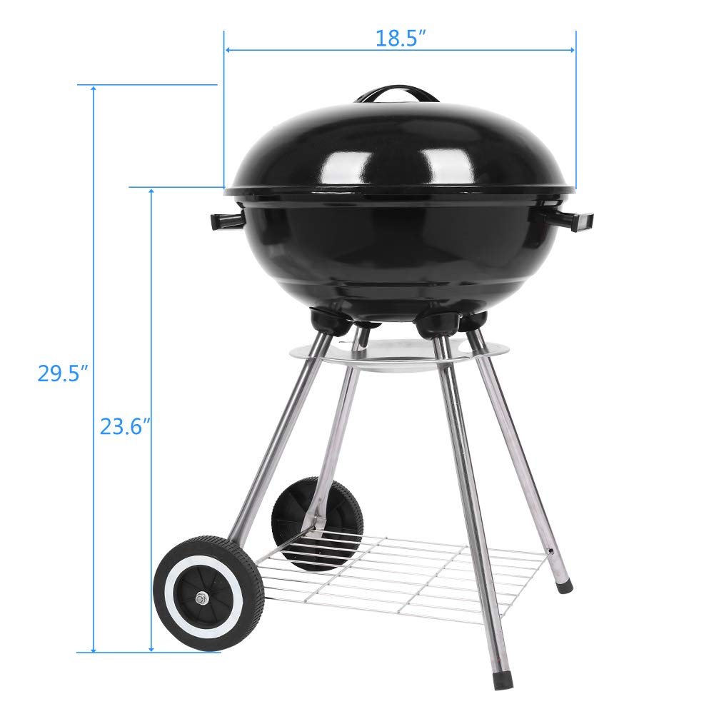 18 Inch Round Kettle Charcoal Grill - Portable Steel BBQ Oven with Wheels & Ash Catcher | Outdoor Backyard, Patio, Camping, Picnic & Party Barbecue Cooker | Perfect for Tailgating, Beach Cookouts and Family Gatherings