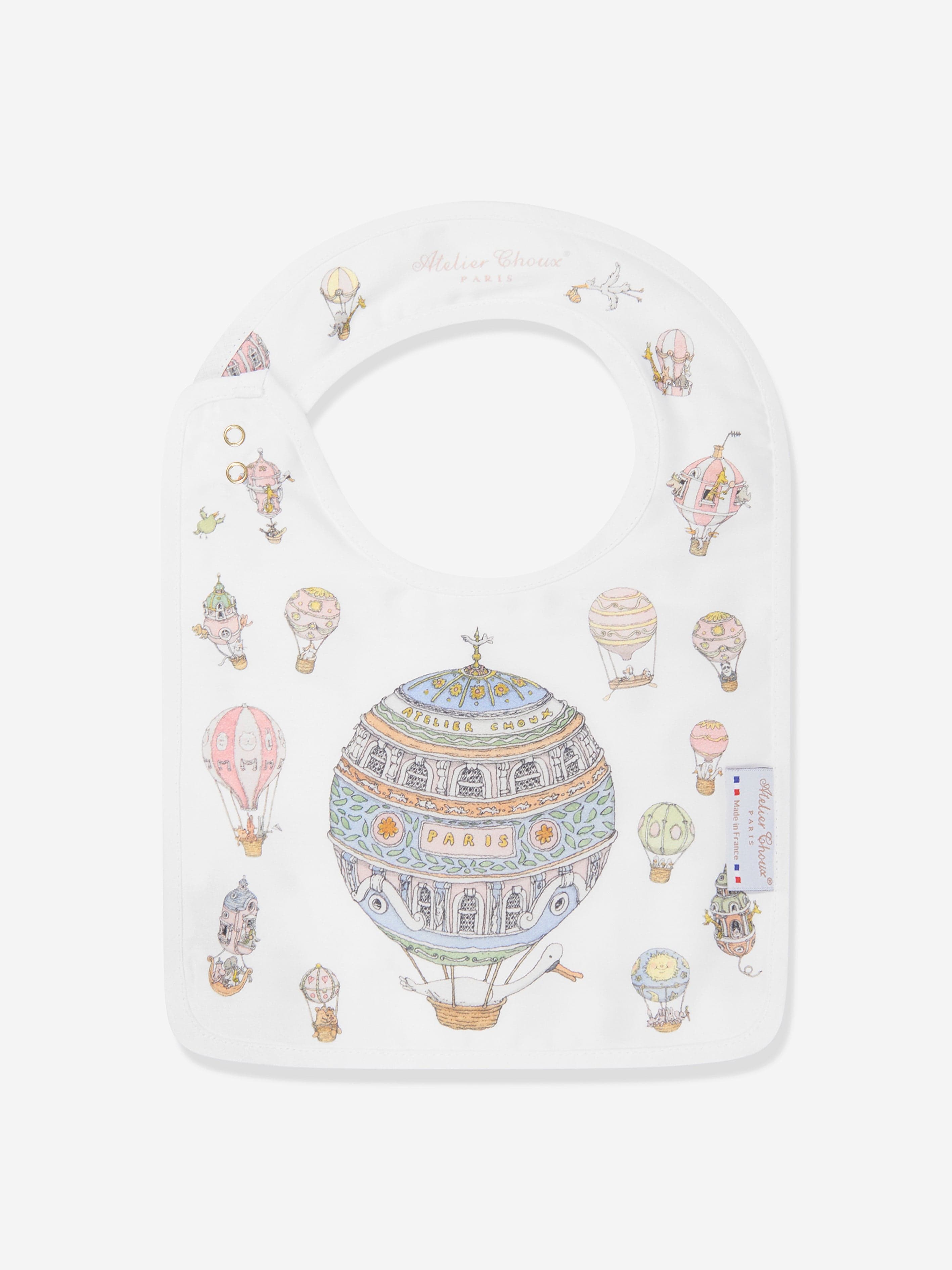 Atelier Choux Baby Hot Air Balloons Swaddle & Satin Bib Set - White | Soft Newborn Swaddle Blanket & Drool Bib for Boys & Girls | Perfect for Nursery, Photography & Baby Shower Gifts
