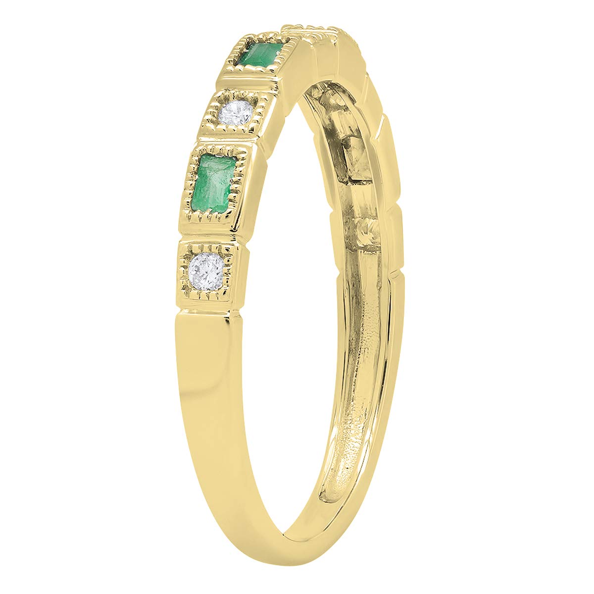 14K Solid Gold Baguette Emerald & Round White Diamond Women's Anniversary Wedding Band Ring - Perfect for Engagements, Anniversaries & Special Occasions